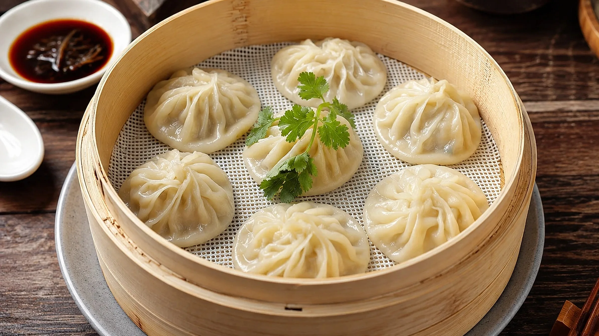 Bamboo steamer basket of xiaolongbao soup dumplings with cilantro garnish and black vinegar dipping sauce on a wooden table