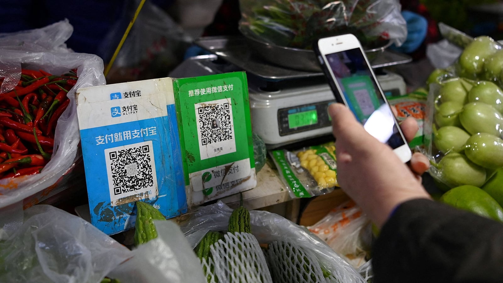 Chinese market vendor with Alipay (支付宝) and WeChat Pay (微信支付) QR codes — even small stalls accept mobile payment