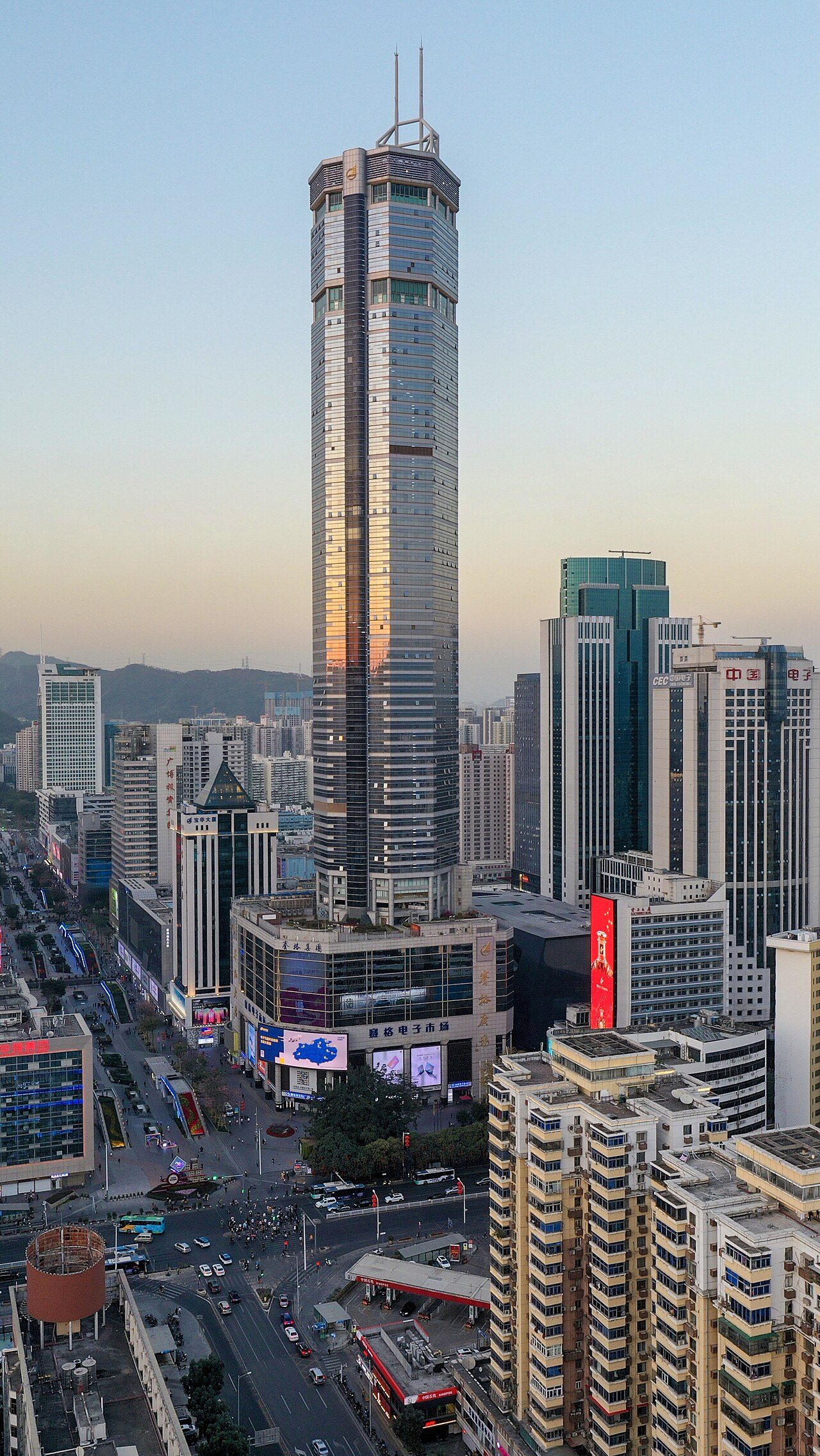 Huaqiang North electronics market — the SEG Plaza tower, a 72-story building in Shenzhen's Futian district, with the dense electronics market visible at street level