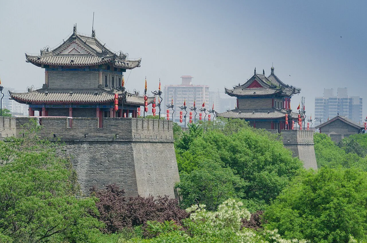 Xi'an City Wall's South Gate (Yongning Men) lit up at night with traditional lanterns