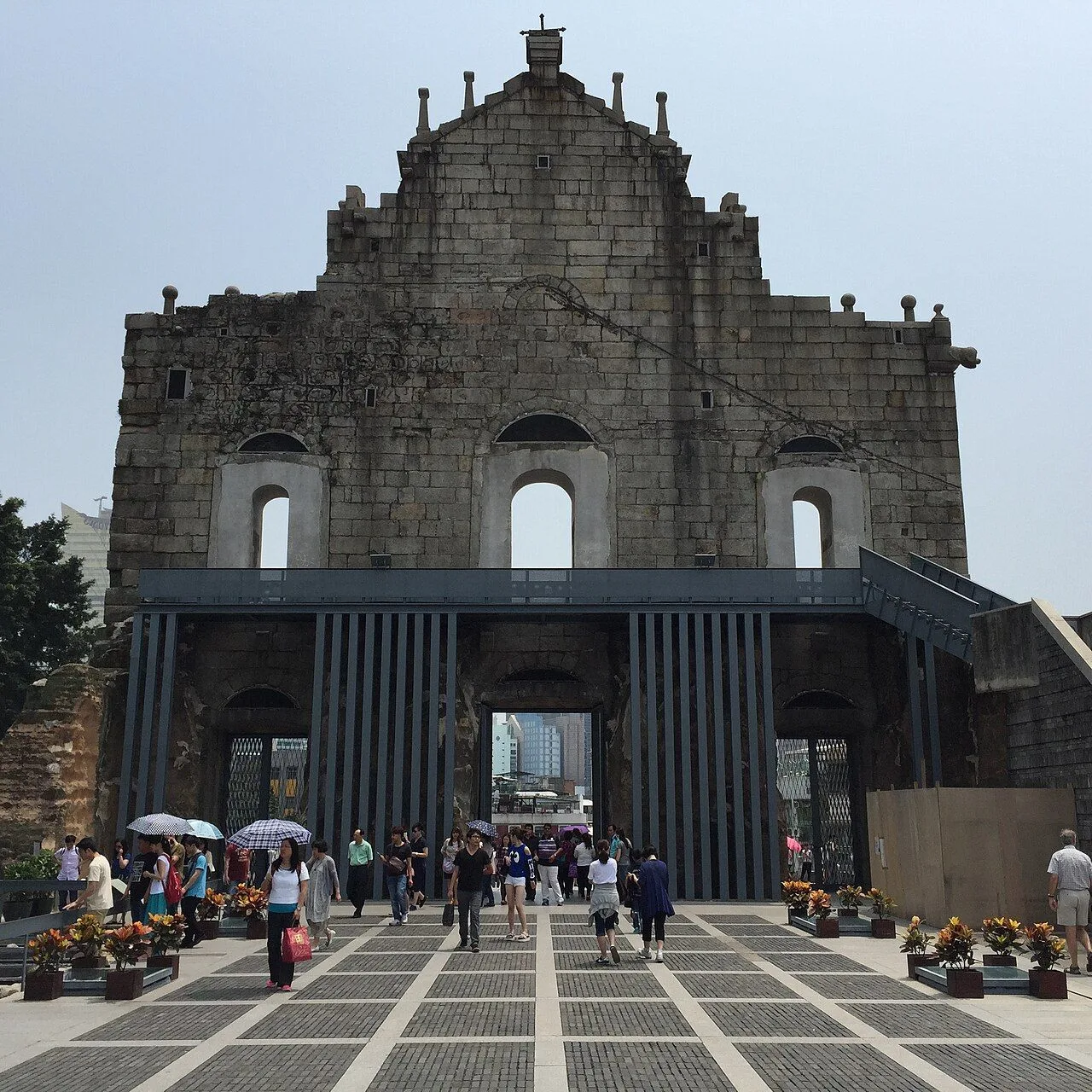 The front facade of the Ruins of St Paul’s in Macau — the surviving 17th-century carved stone front wall of the Cathedral of St Paul (Mater Dei), the only remnant of the greatest Jesuit church in Asia after the rest of the building was destroyed by fire during a typhoon in 1835, a UNESCO World Heritage Site since 2005 and the universal symbol of Macau