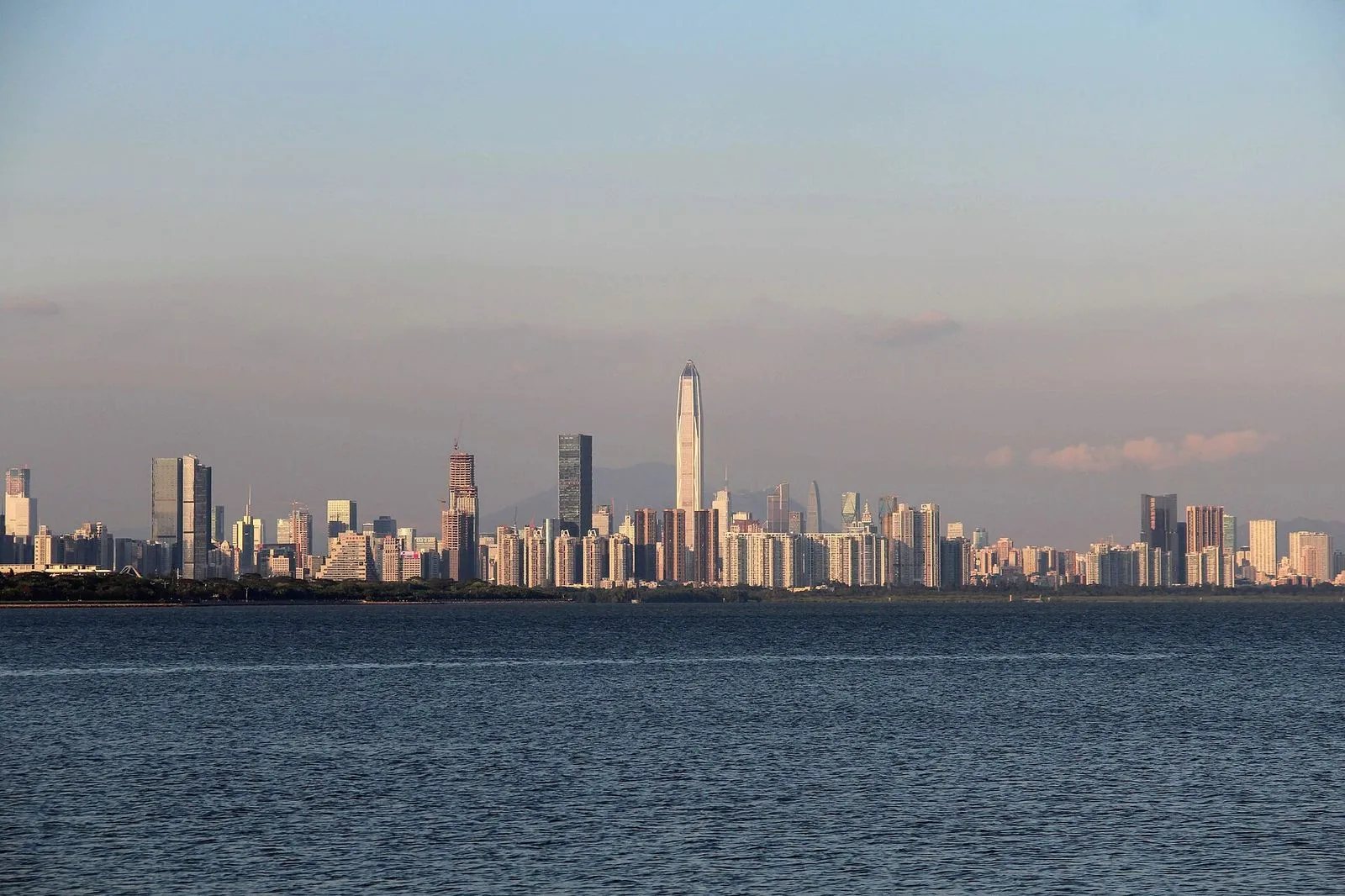 The Shenzhen skyline viewed across Shenzhen Bay at dusk — the Spring Bamboo shoot tower (Chunshun Building) and the dense cluster of Futian District skyscrapers rising above the calm water of the bay, the view from the park’s eastern side facing west, the iconic Shenzhen Bay Park panorama that fills up with joggers and photographers every evening at sunset to watch the lights come on across the bay