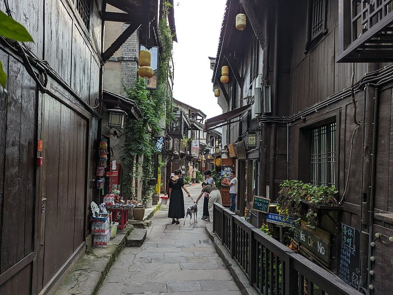 A quiet side street in Ciqikou Ancient Town showing the narrow stone-paved alley between dark wood Ming-Qing shopfronts, with a local walking a dog, hanging bamboo lanterns, and potted plants along the doorways