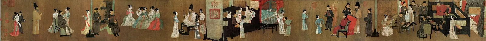 The 12th-century Song dynasty handscroll painting "Night Revels" by Gu Hongzhong, depicting a Tang-style imperial banquet with court musicians, nobles, and scholars across the scroll