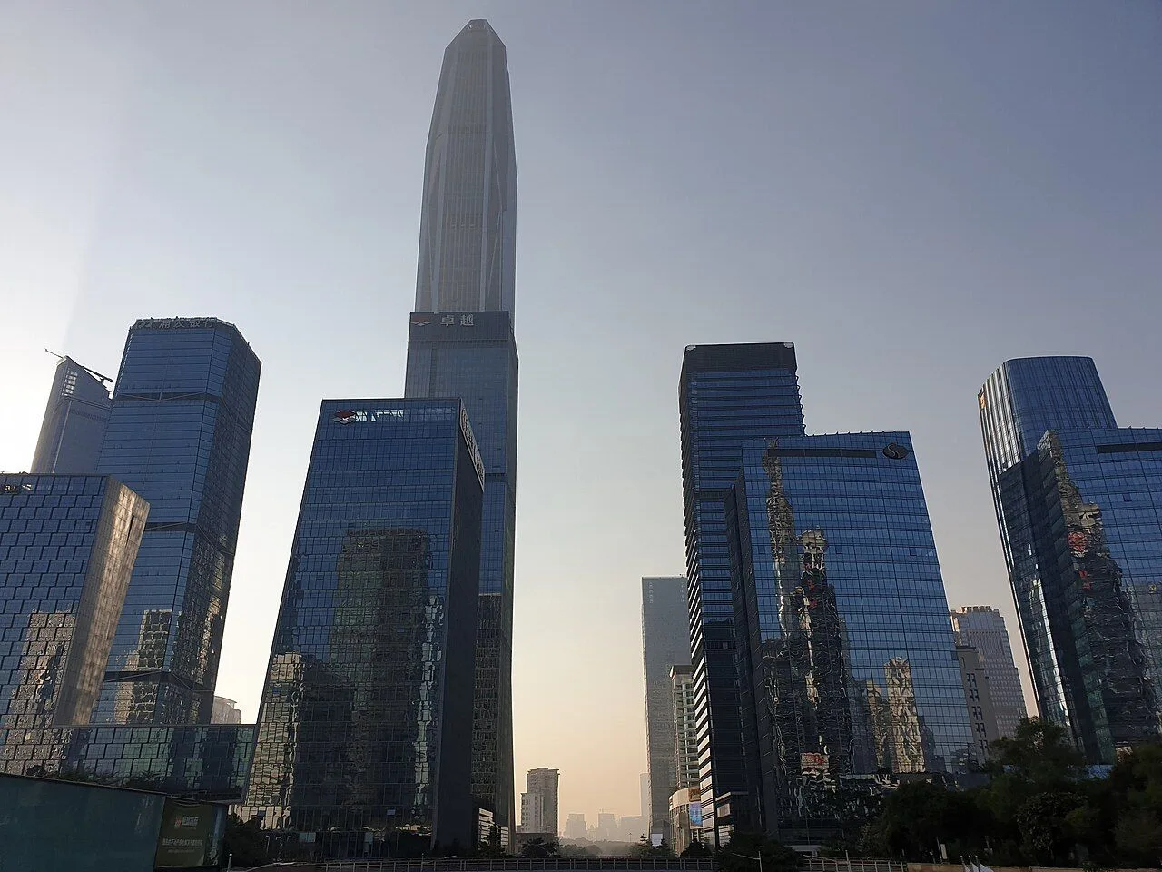 The Ping An Finance Centre rising above the surrounding CBD skyscrapers of Shenzhen's Futian district at golden hour, the tapered glass tower standing taller than its neighbors with the modern glass facades of the surrounding office towers reflecting the warm sunset light, trees visible in the foreground