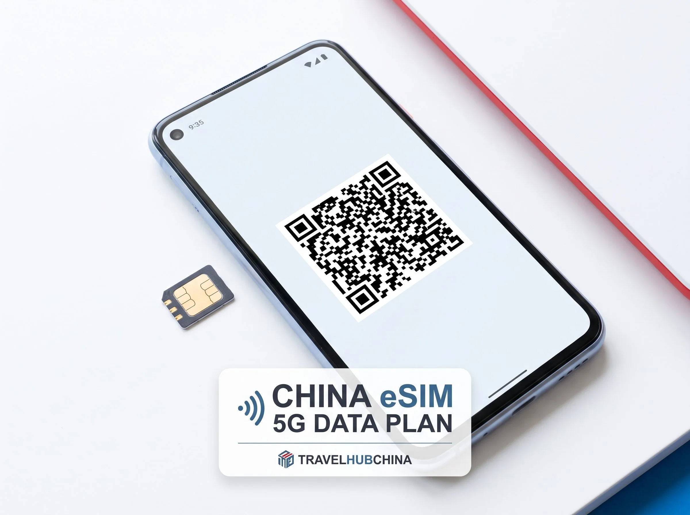中国eSIM商品カード、中国本土、香港、マカオの地図シルエット、5G信号バー、$0.17価格タグを表示