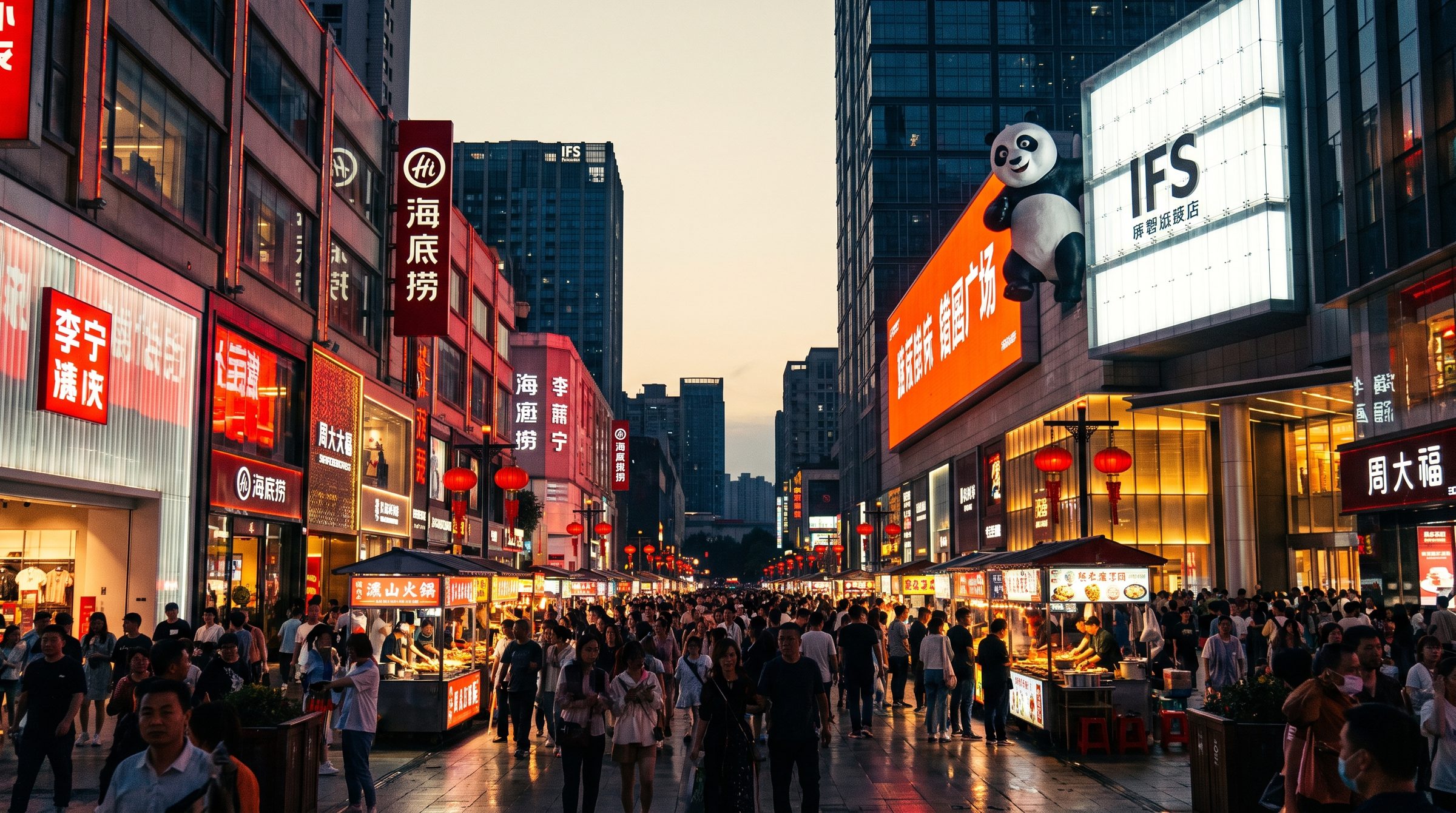 Chunxi Road shopping street at night — neon storefronts and the IFS panda landmark.