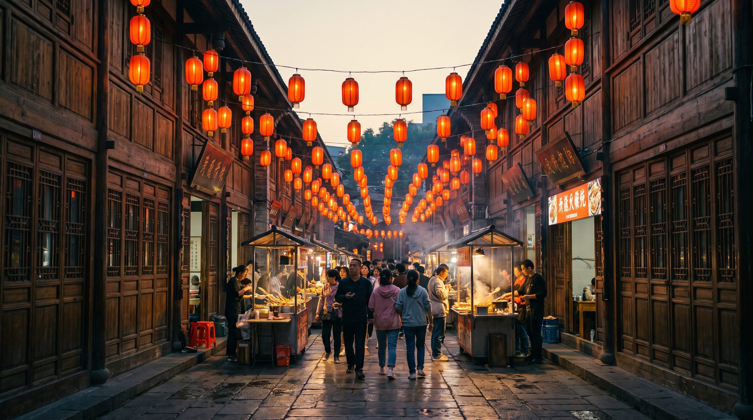 Jinli Ancient Street in Chengdu at dusk, a narrow pedestrian lane lined with traditional Qing-era wooden facades and hundreds of glowing red silk lanterns strung overhead, with visitors walking and snacking