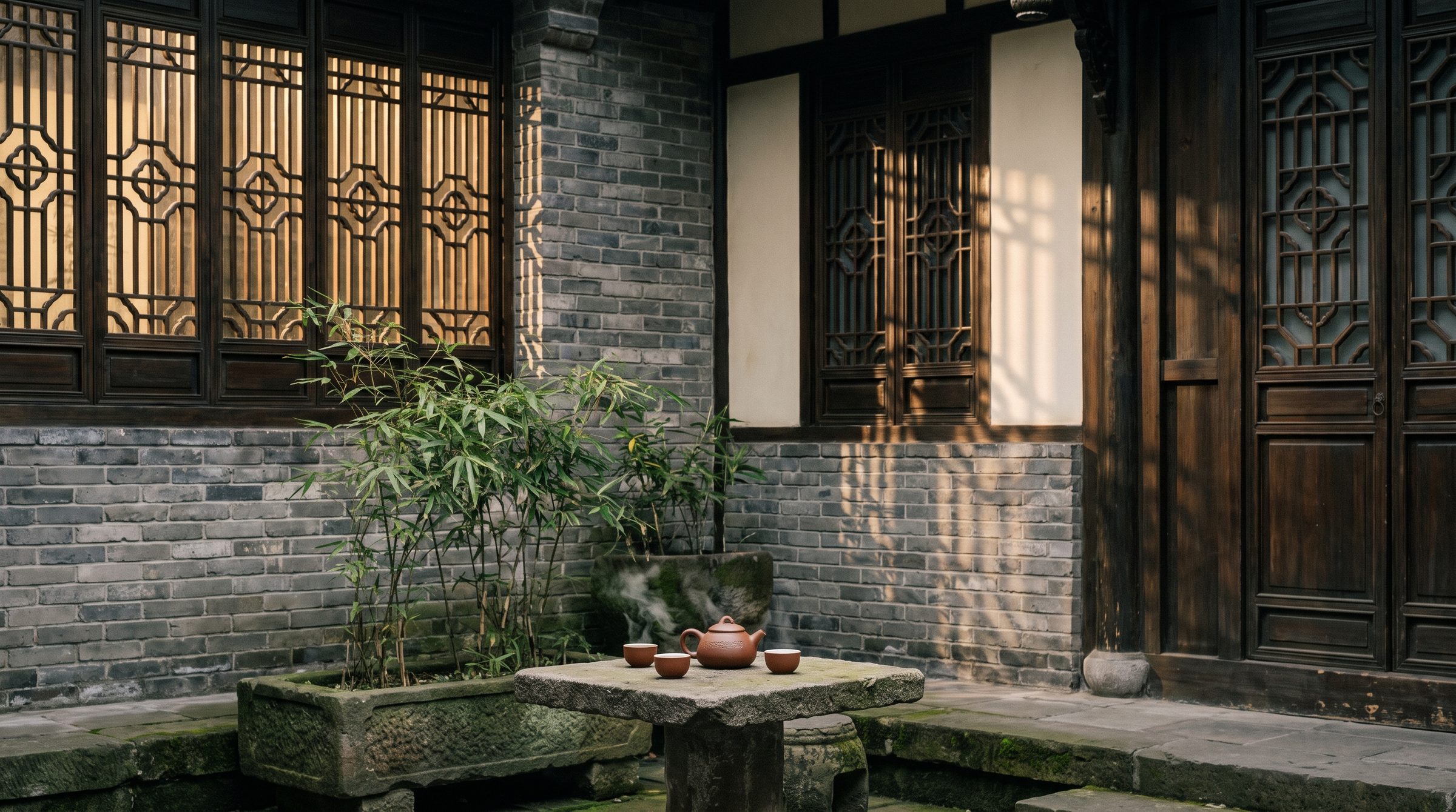 A traditional Qing-era courtyard teahouse in Kuanzhai Alley, Chengdu, with grey brick walls, dark wood lattice windows, bamboo plants, and a small stone table set for tea in the inner courtyard