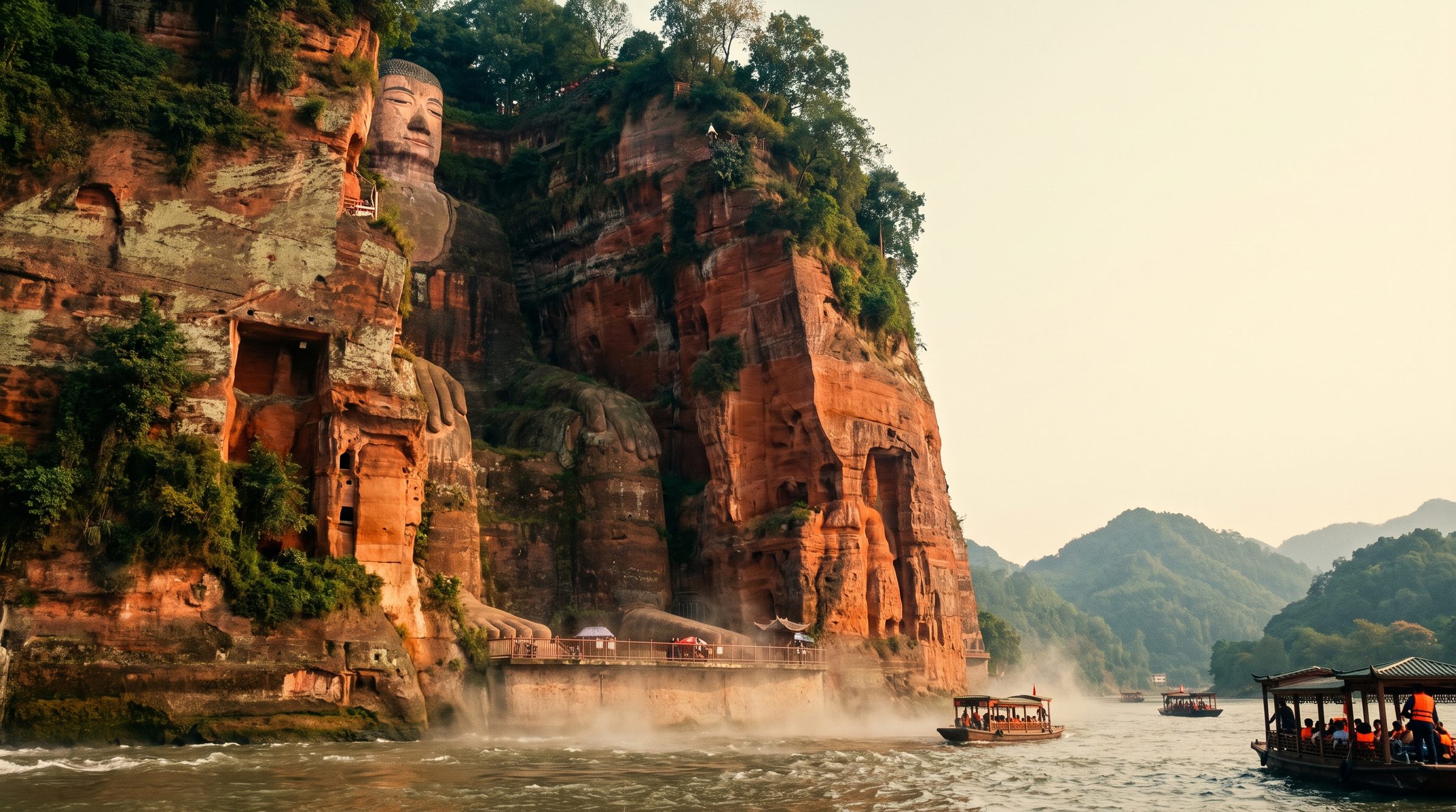 The Leshan Giant Buddha in Sichuan, a 71-meter Tang Dynasty stone Buddha carved into a red sandstone cliff face at the confluence of three rivers, viewed from the river level showing the full seated figure with hands resting on knees
