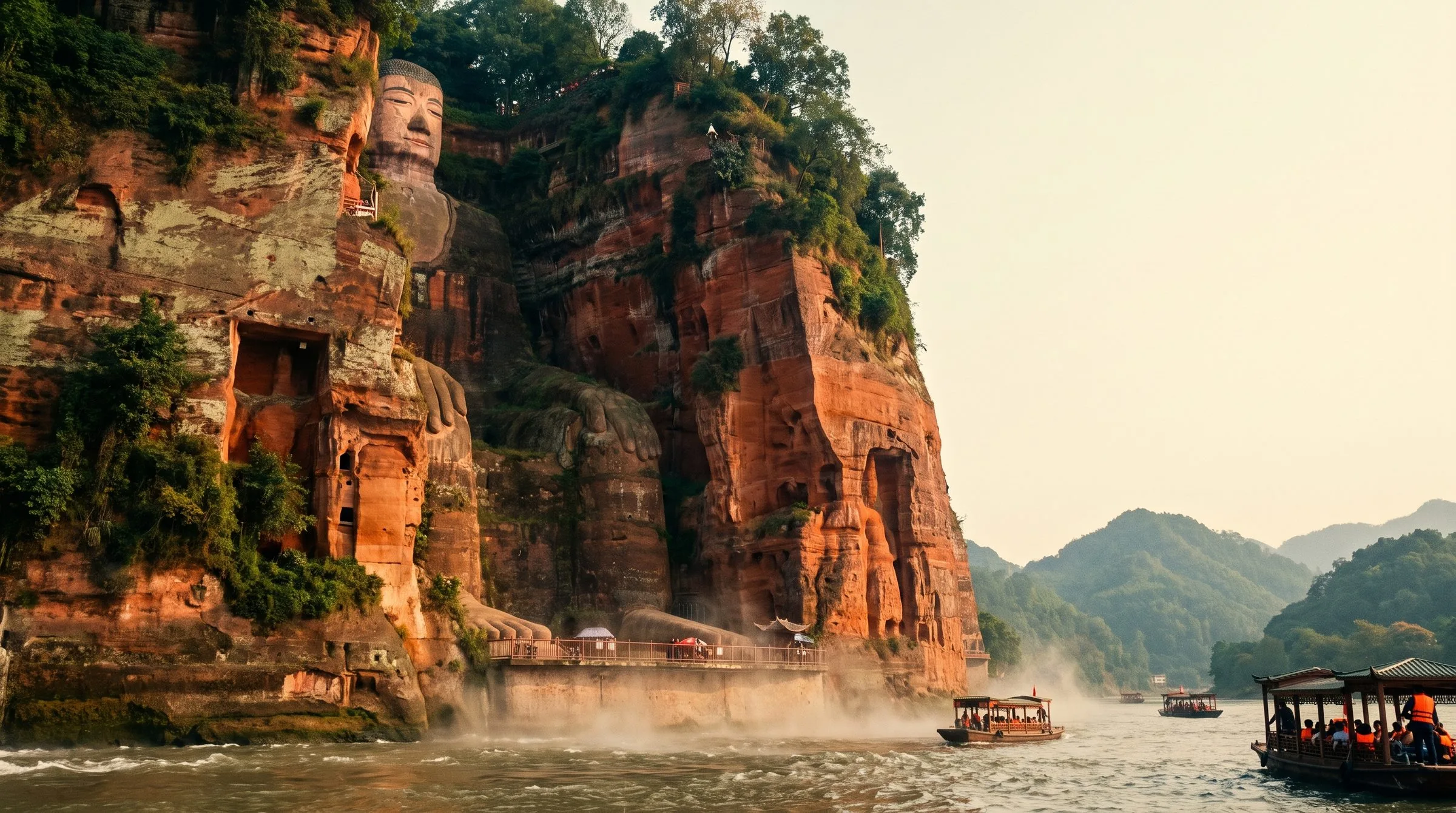 The 71m Leshan Giant Buddha carved into a Tang-dynasty cliff at the three-river confluence.