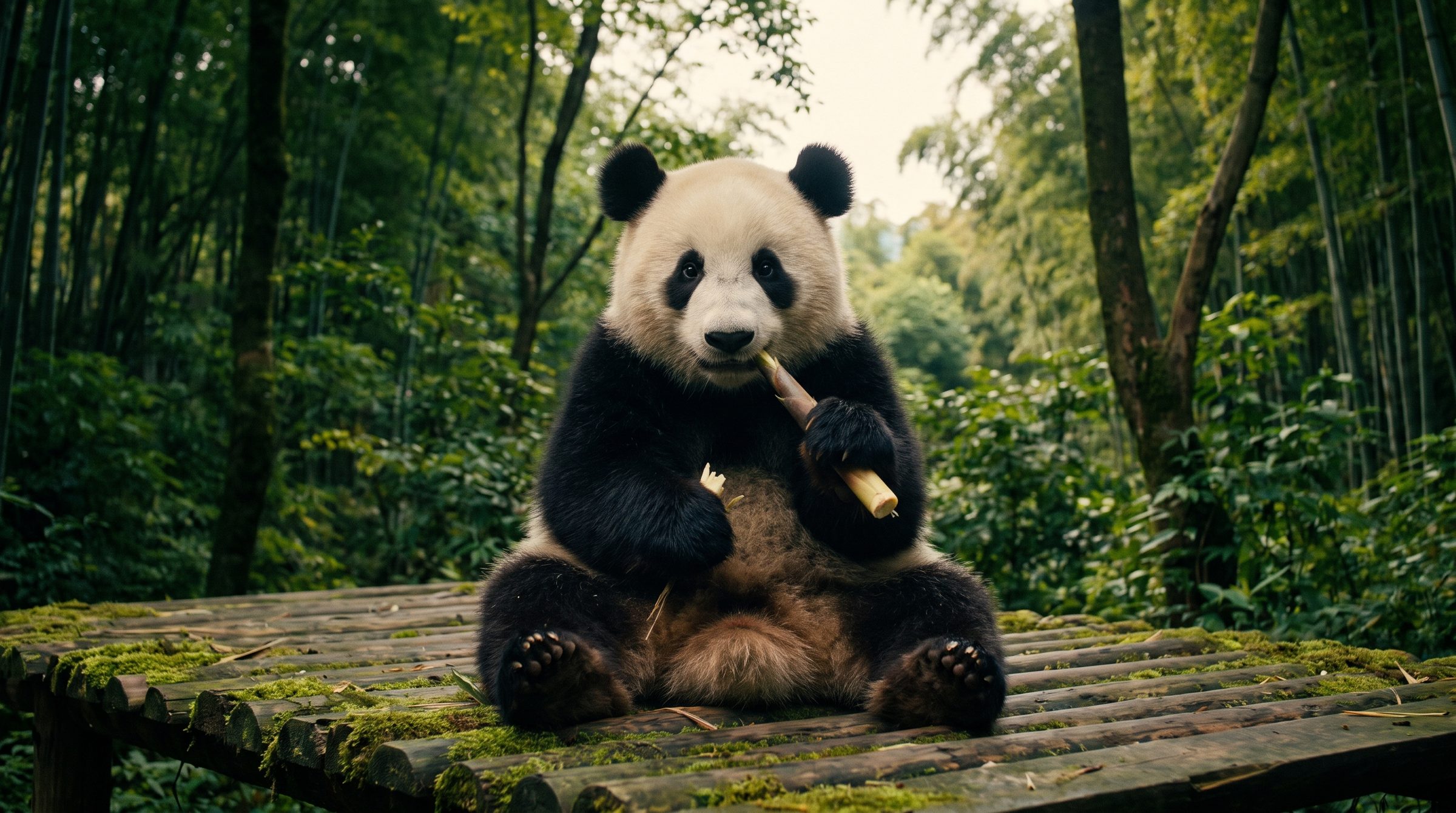 A young giant panda sitting on a wooden platform in a bamboo forest at the Chengdu Research Base, eating a fresh bamboo shoot, with soft morning light filtering through the trees and green foliage in the background