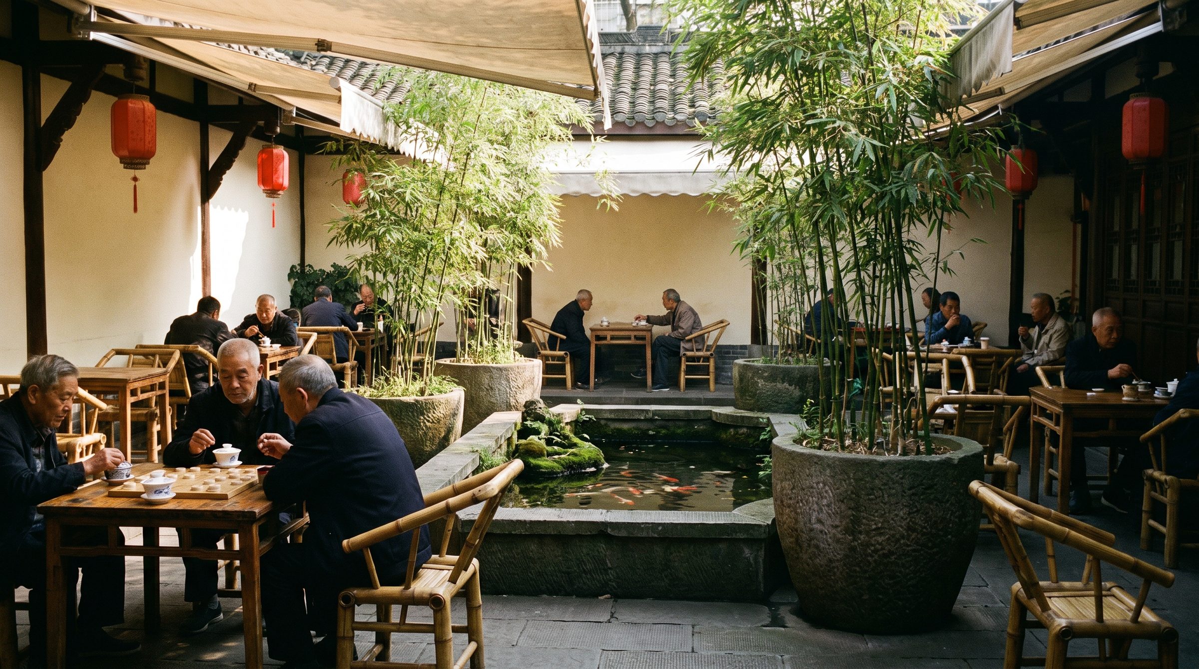 Heming Teahouse in People's Park — locals drinking tea and playing chess under bamboo.