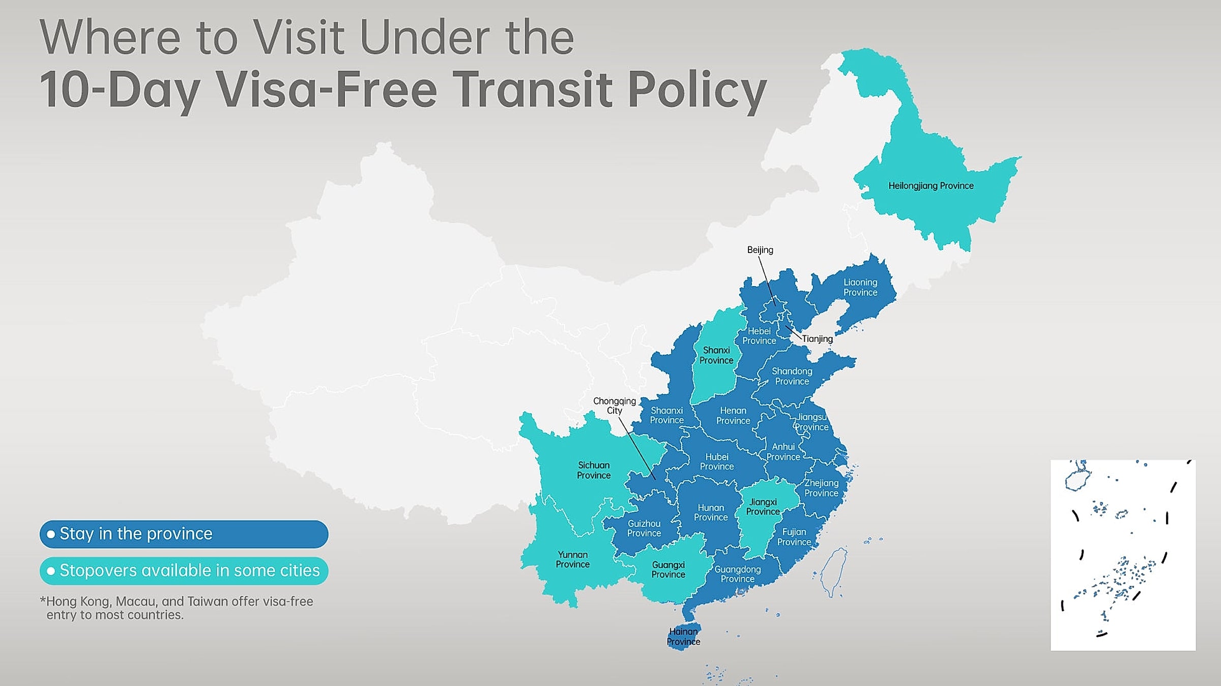Mapa de China que muestra las 24 provincias y los 65 puertos abiertos a los viajeros en tránsito sin visa durante 240 horas, con las regiones excluidas del Tíbet, Xinjiang y Mongolia Interior marcadas por separado