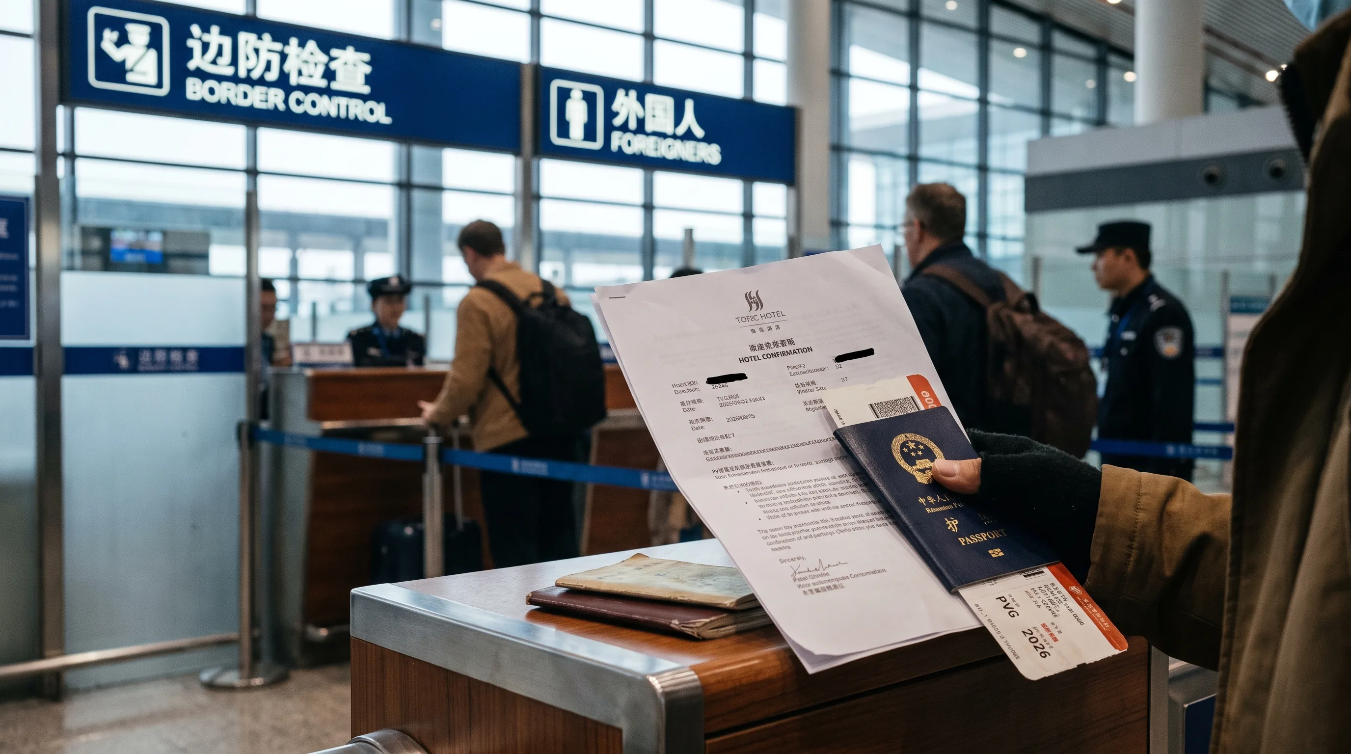 Passport and printed hotel booking shown at Chinese immigration counter with 240-hour transit stamp