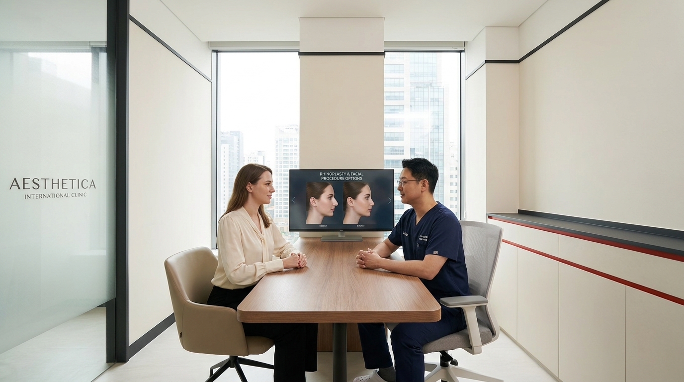 Moderne Schönheitschirurgie-Klinik in Shanghai mit internationalem Patientenkoordinator, der Vorher-Nachher-Fotos mit einer Patientin bespricht