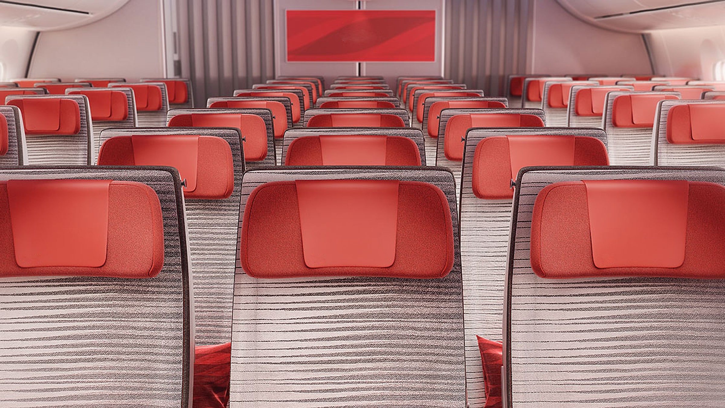 Cabine econômica da companhia aérea chinesa com assentos vermelhos icônicos e encostos de cabeça listrados - isso é o que esperar da Air China, China Eastern, Hainan, Juneyao e da maioria das outras companhias aéreas chinesas; mais apertado que o HSR, mas confortável o suficiente para rotas domésticas de 2 a 3 horas