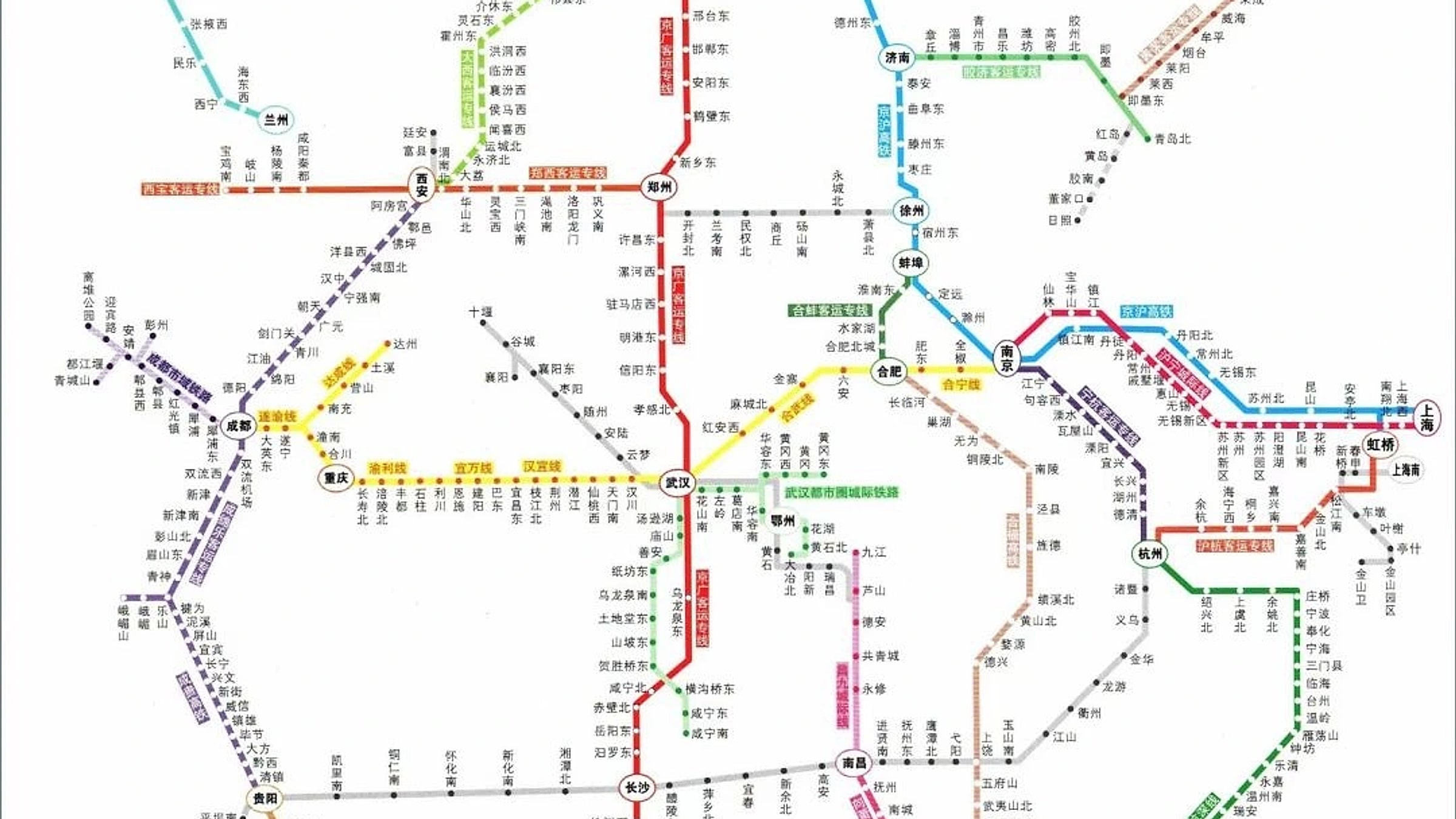 Mapa esquemático da rede ferroviária de alta velocidade da China mostrando as oito linhas principais verticais e oito horizontais, além de linhas intermunicipais regionais, cobrindo mais de 50.000 km de trilhos em todas as 31 províncias