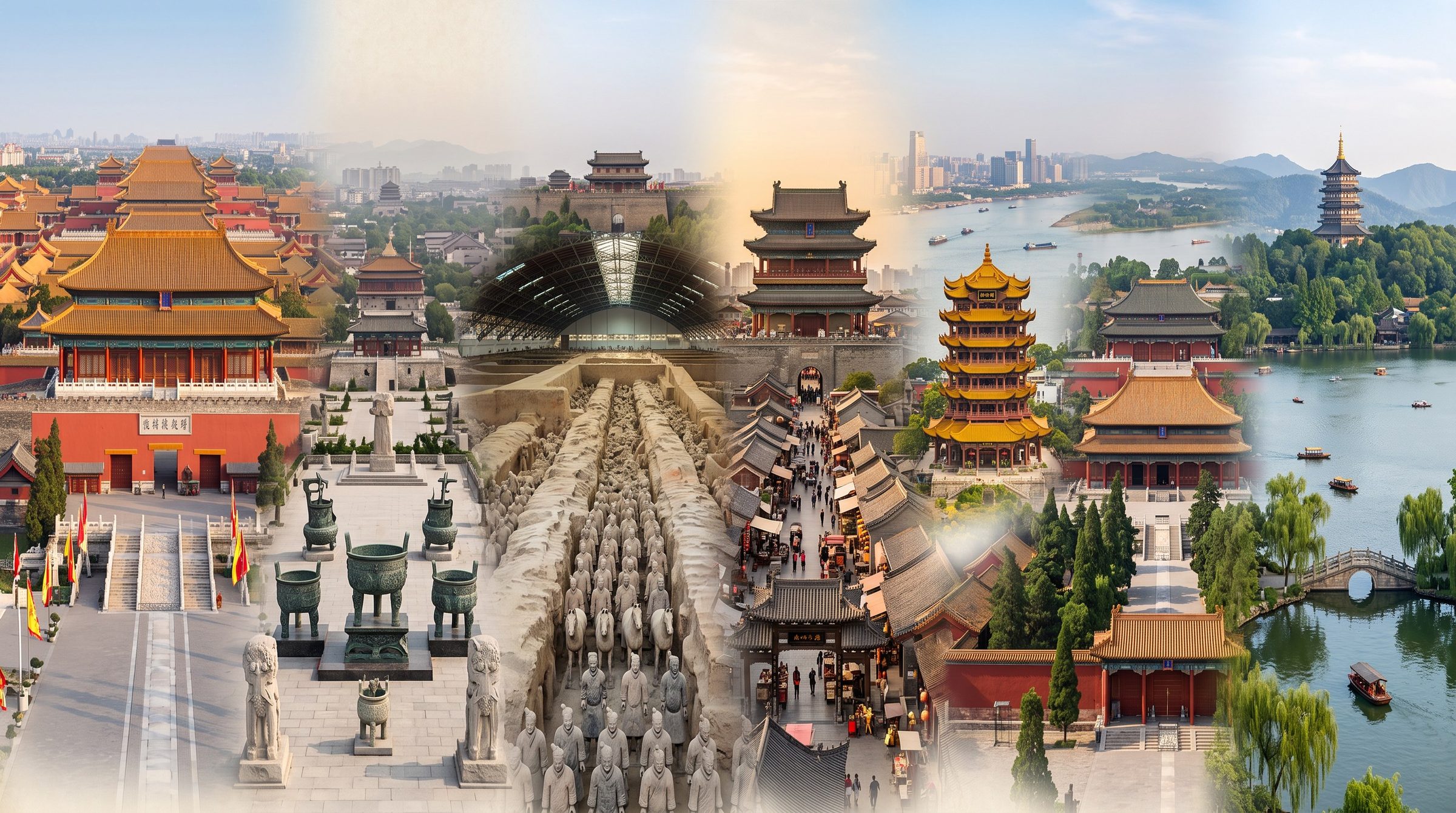 Panoramic view of the Forbidden City in Beijing with snow-covered golden rooftops and the white Dagoba of Beihai Park in the distance