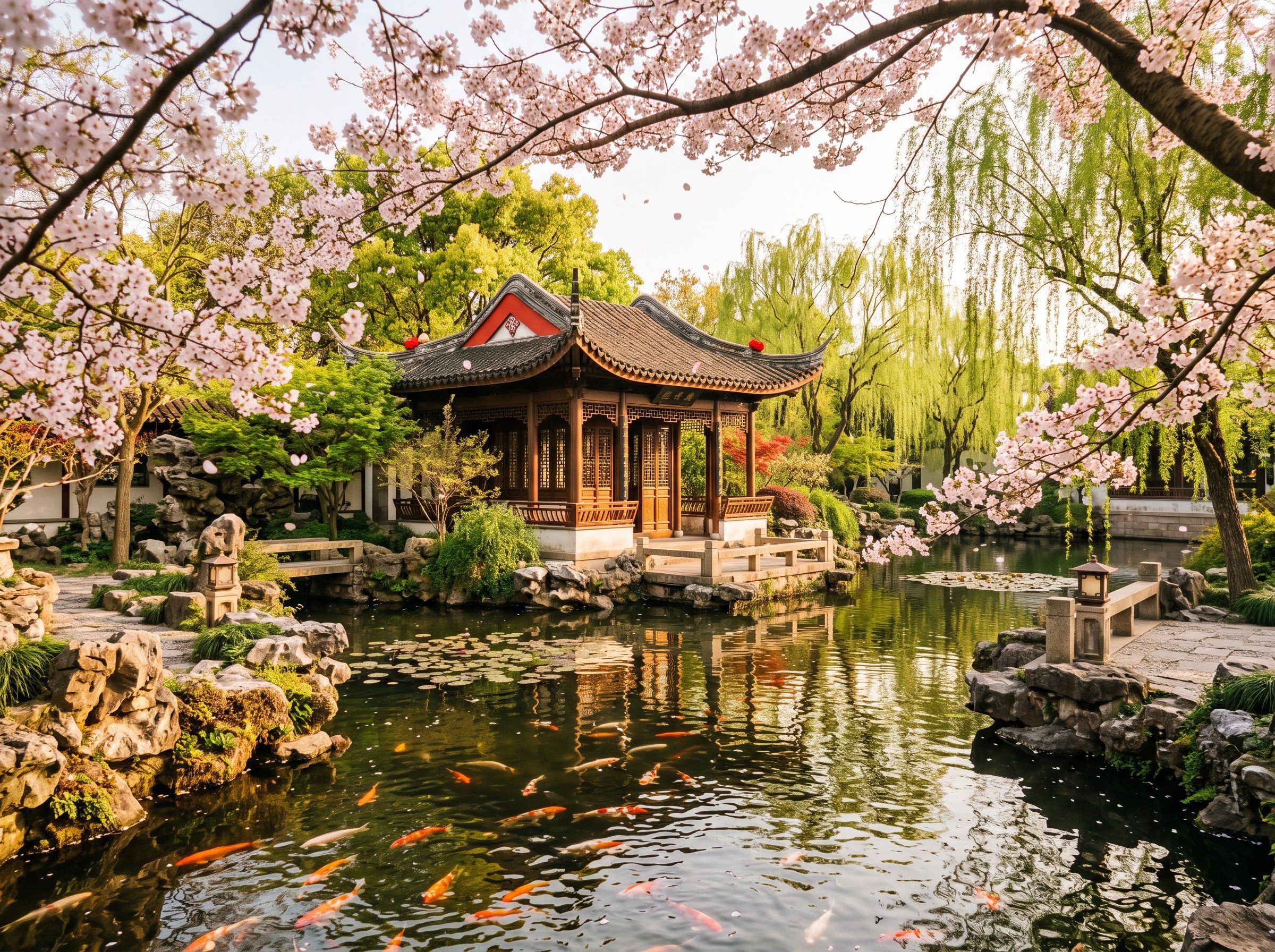 Spring blossoms in a Chinese garden with pavilion and willow trees, golden afternoon light