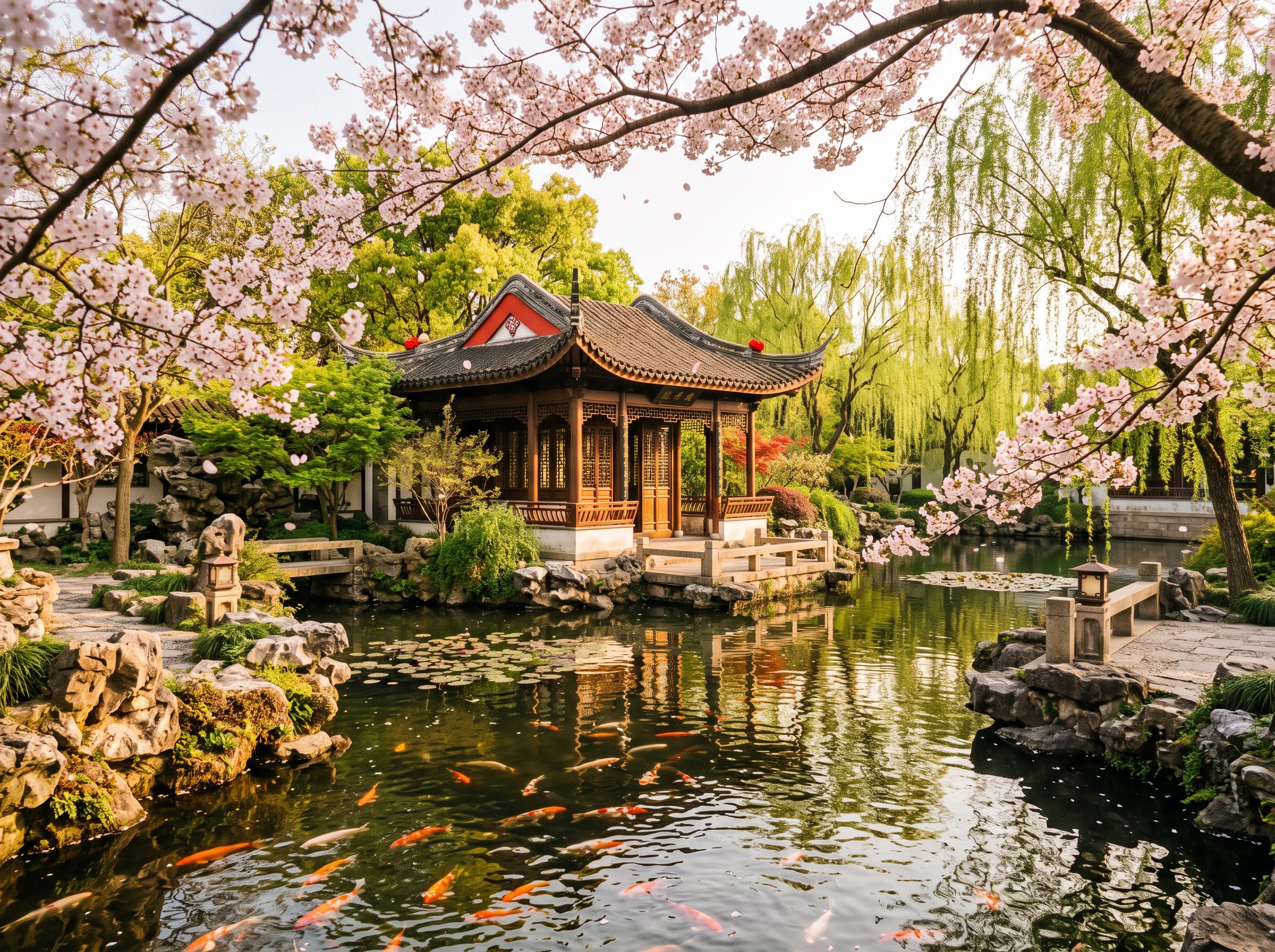 Spring blossoms with willow trees and traditional Chinese pavilion in a Chinese garden, golden afternoon light