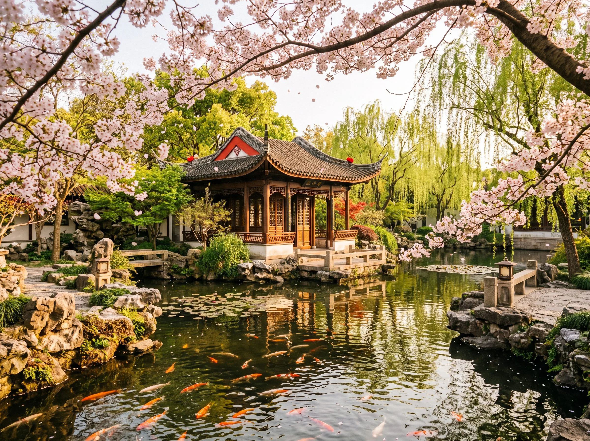 Bunga musim semi dengan pohon willow dan paviliun tradisional China di taman China, cahaya sore keemasan