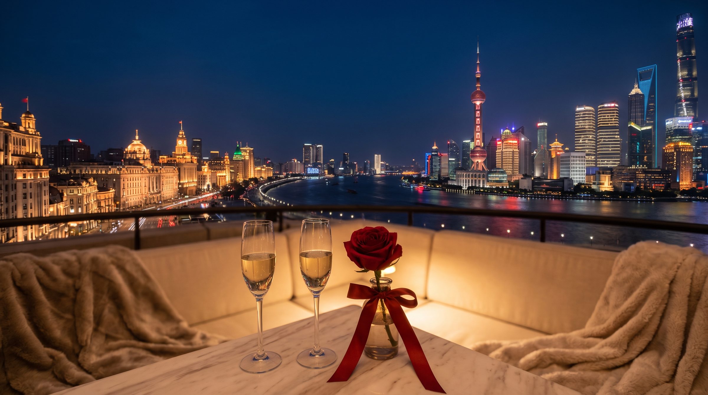 Two glasses of champagne on a hotel balcony overlooking a Shanghai Bund night skyline