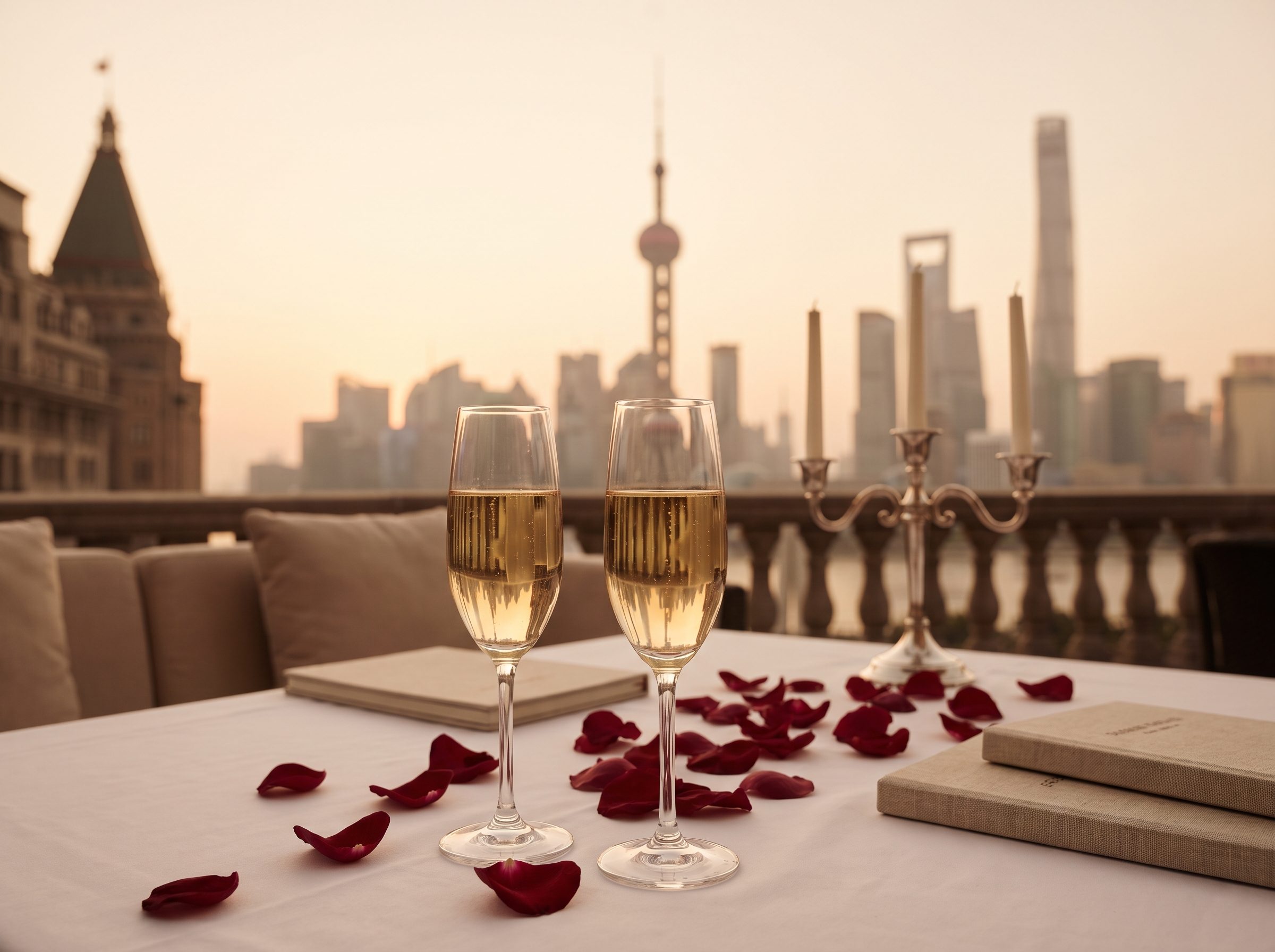 Couple toasting champagne on a luxury hotel balcony with the Shanghai Bund night skyline in the background