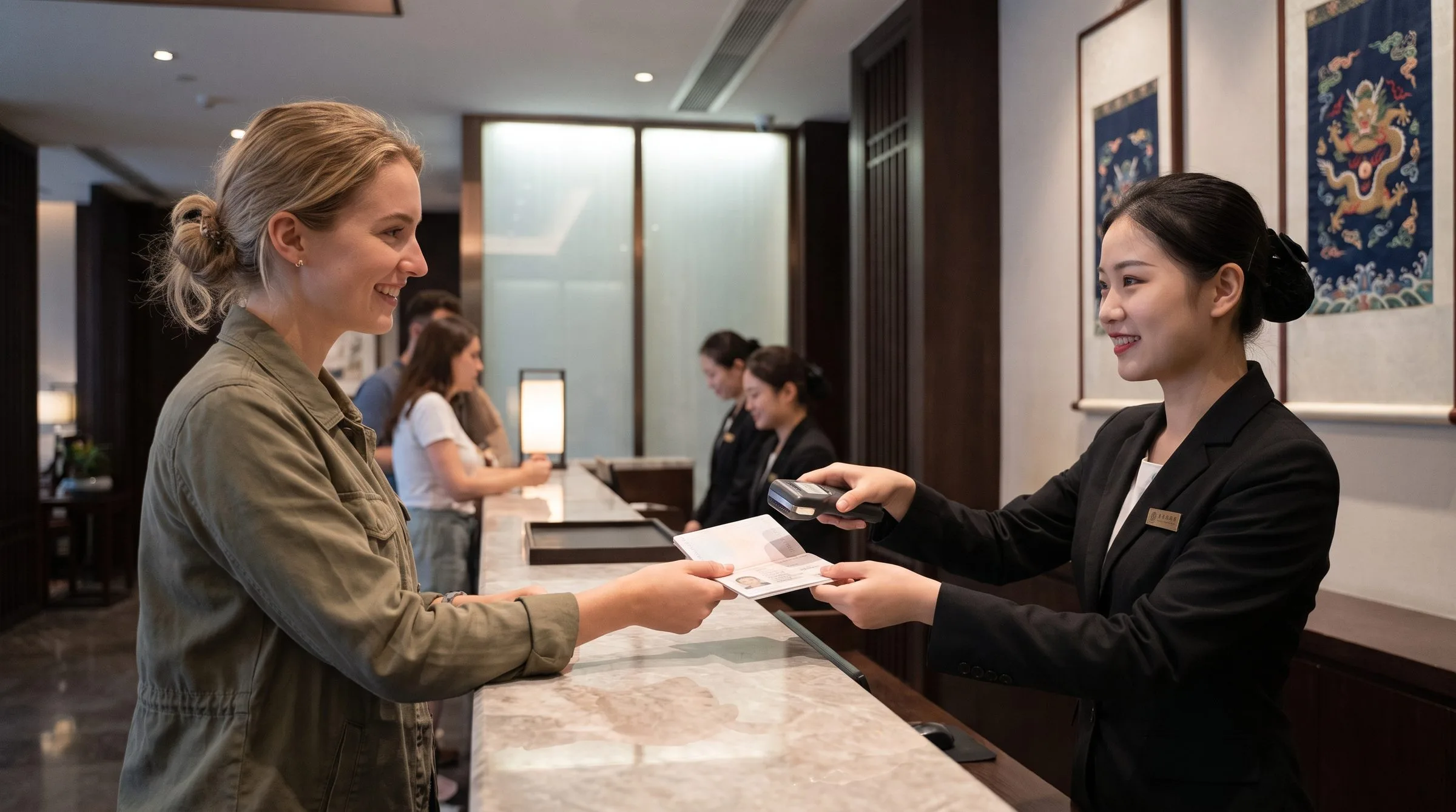 Tamu hotel asing menyerahkan paspor ke resepsionis di China untuk pendaftaran polisi