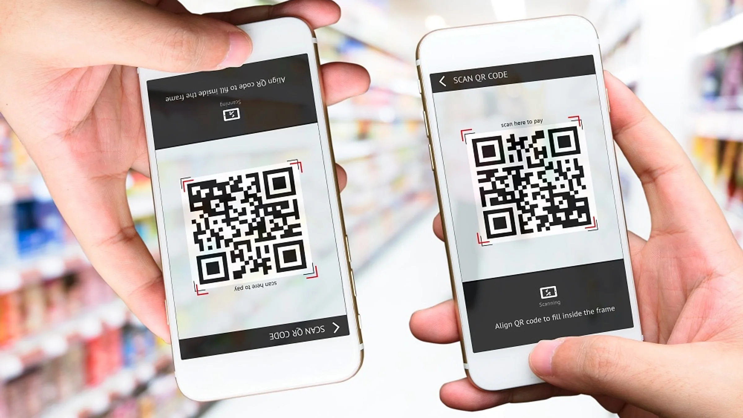Two phones scanning Alipay QR codes at a metro turnstile — the "scan here to pay" screen with align guides for entry