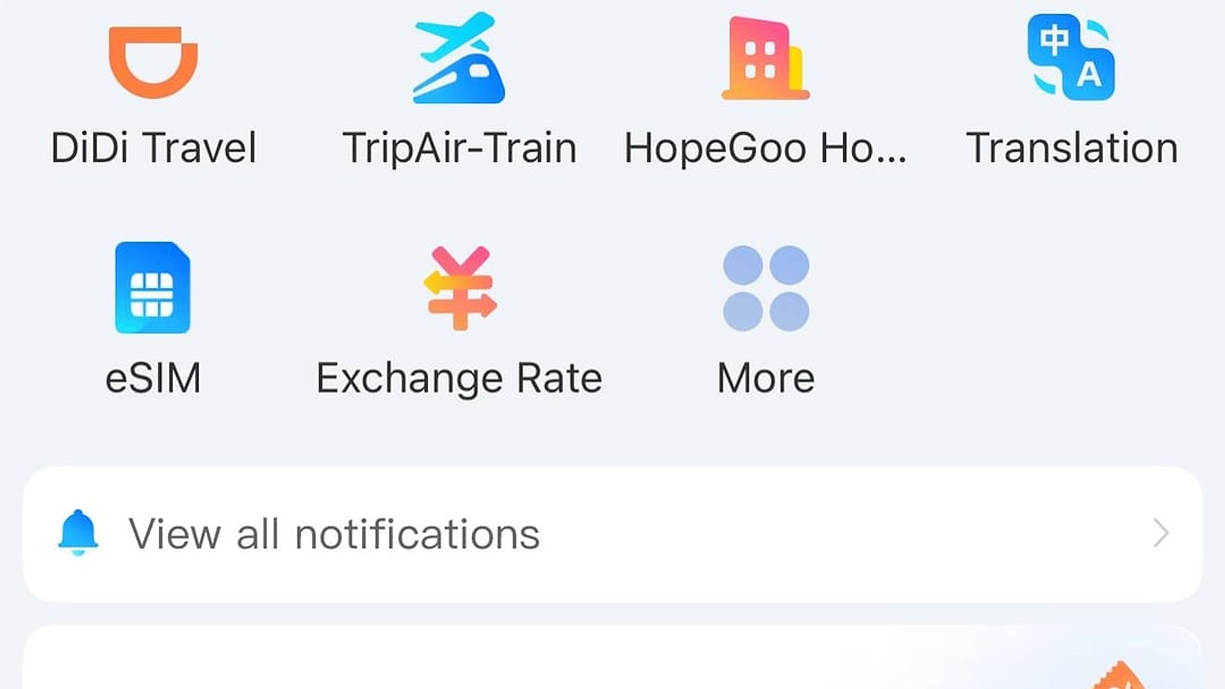 Alipay-Startbildschirm mit hervorgehobener Registerkarte „Transport“ – mit Symbolen für DiDi Travel, TripAir-Train, eSIM und Wechselkurs im Menüraster