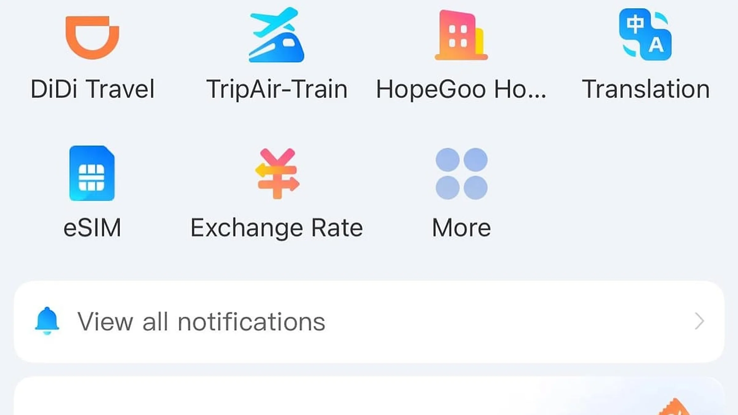 Alipay home screen with the Transport tab highlighted — showing DiDi Travel, TripAir-Train, eSIM, and Exchange Rate icons in the menu grid