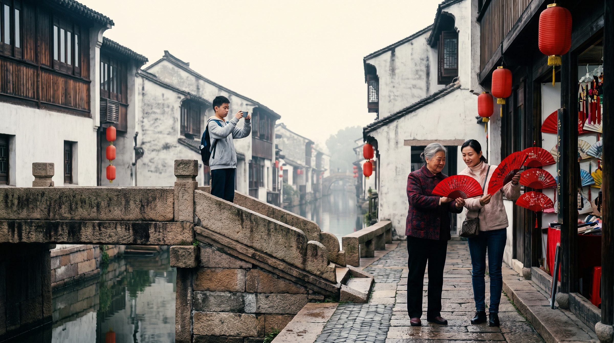 Three generations of a family on a flat-bottomed Li River boat near Guilin