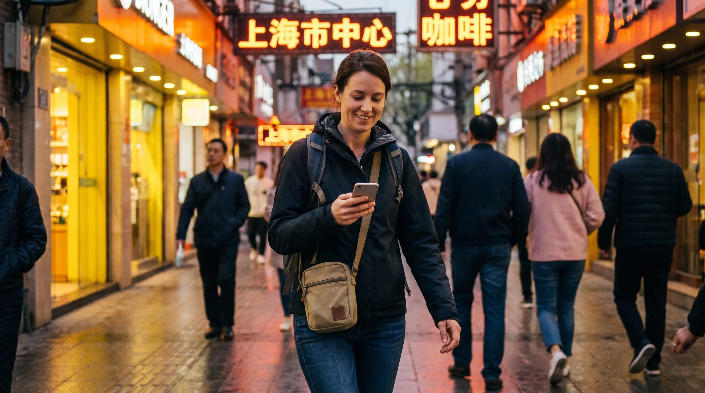 Wisatawan wanita Eropa muda dengan ransel berjalan di jalan kota China modern saat senja
