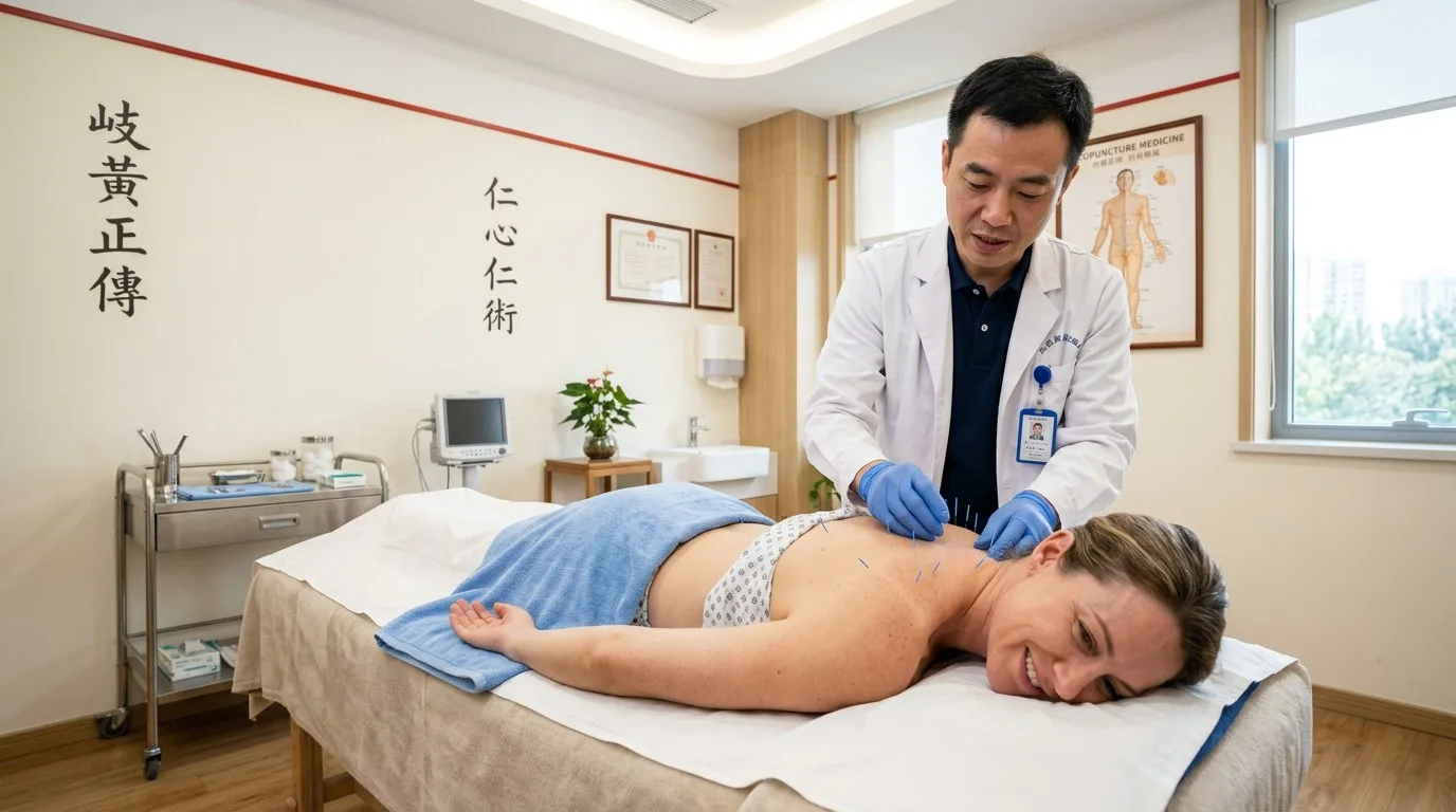 Acupuncture treatment being administered to a foreign patient in a modern TCM hospital in Beijing