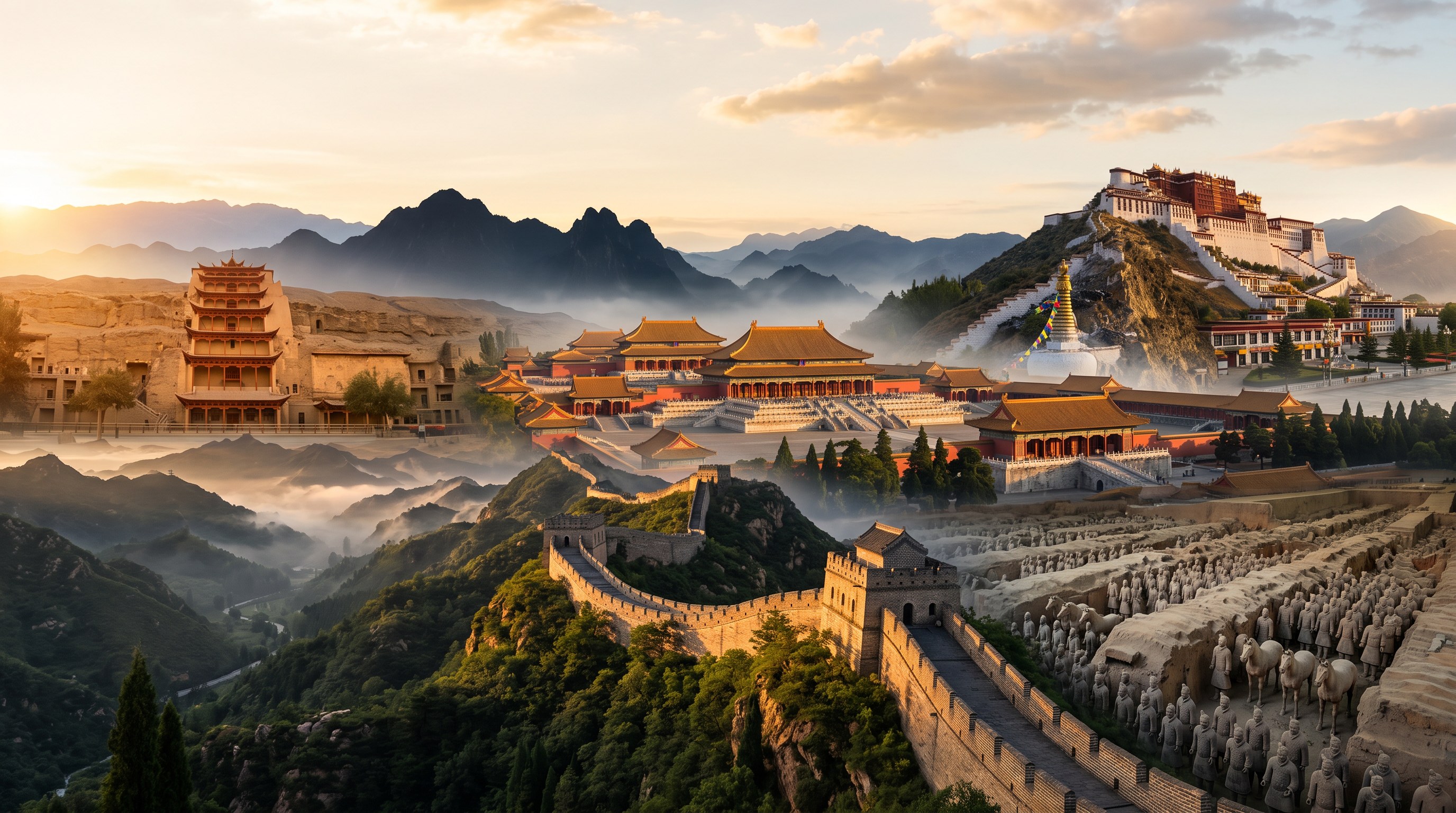 Misty mountain peaks with twisted pines at sunrise at Huangshan Yellow Mountain in Anhui
