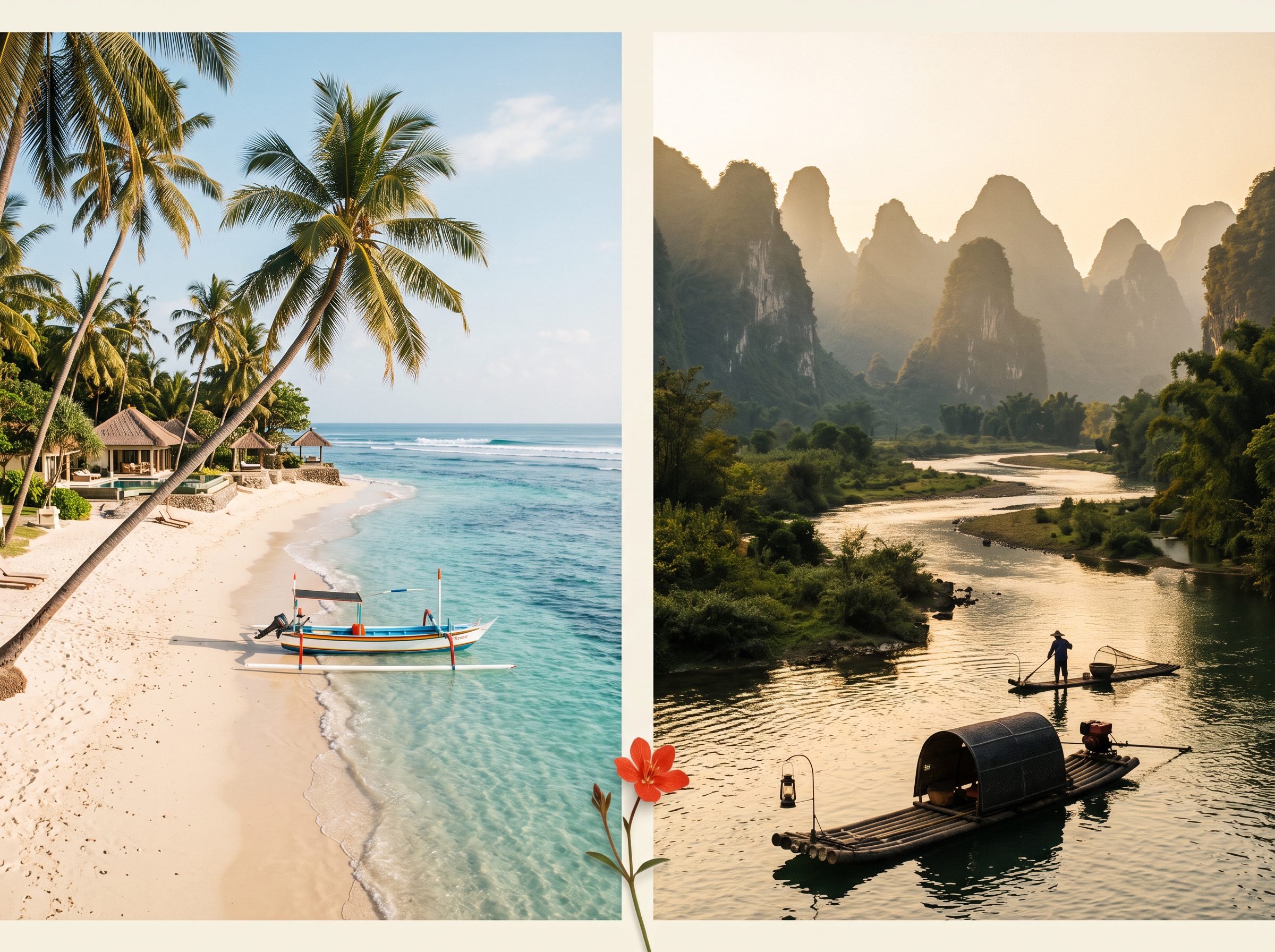 Split image: left side tropical Bali beach with palm trees, right side Yangshuo karst mountains with river