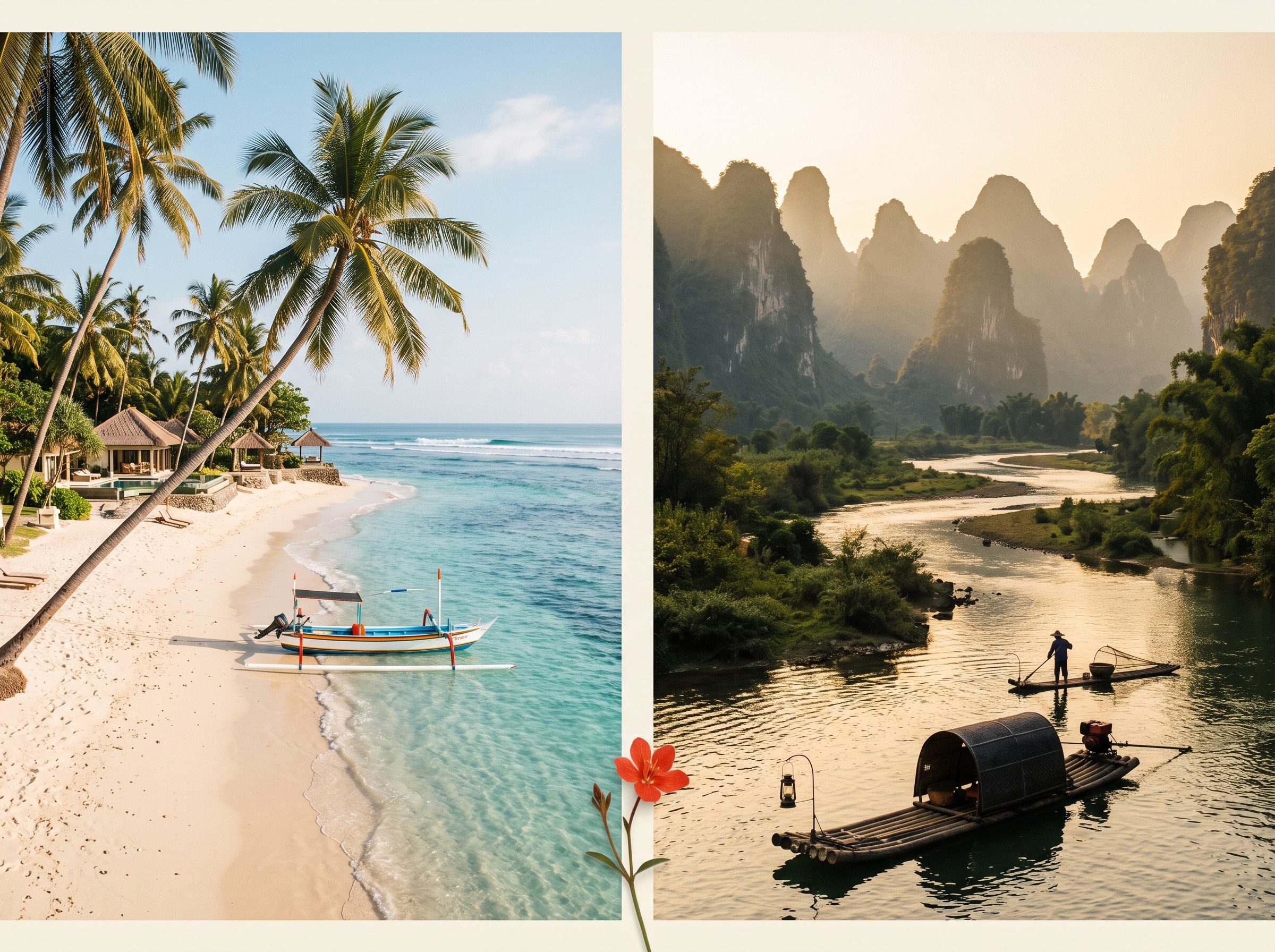 Three honeymoon destination cards laid out on a table: China ancient town, Bali beach villa, Maldives overwater bungalow