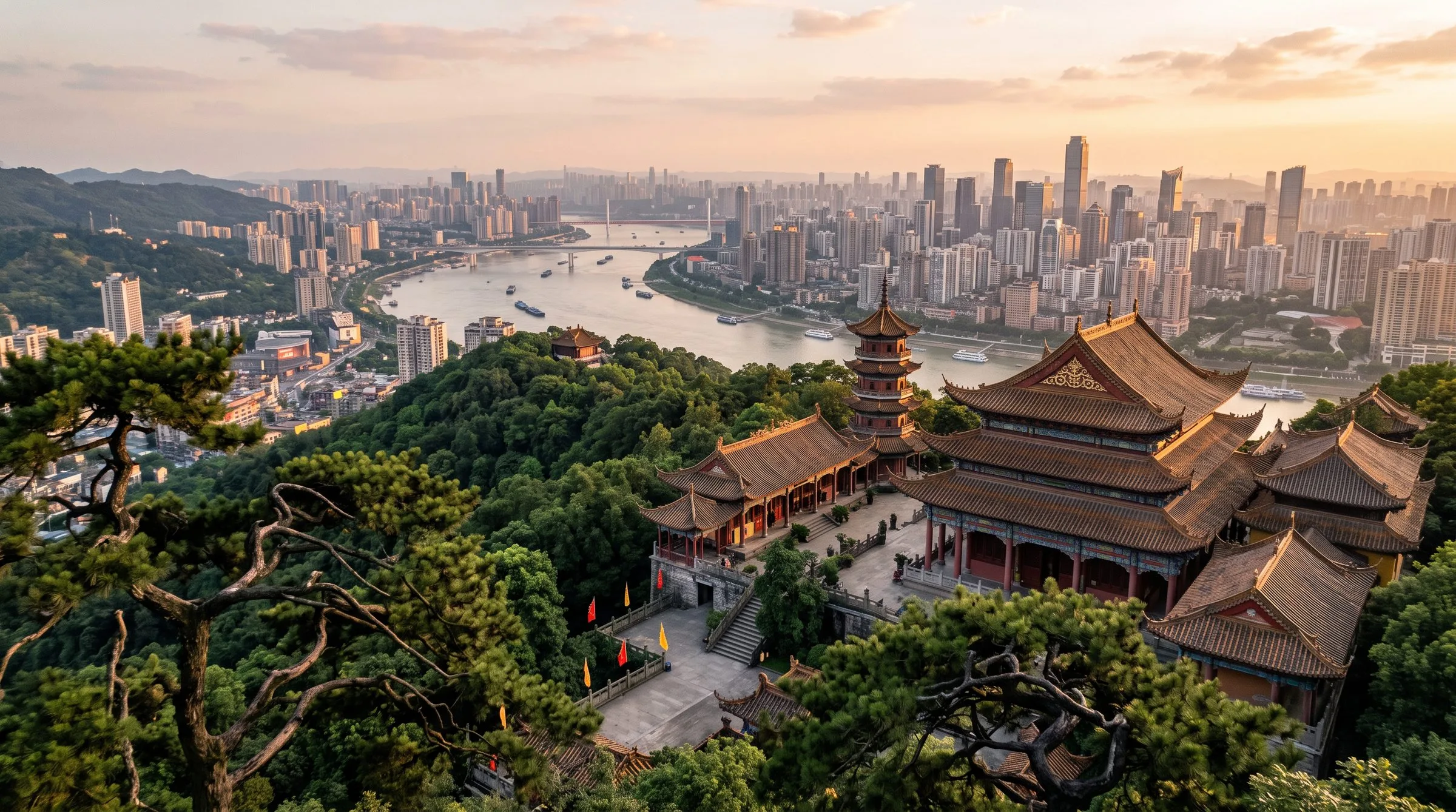 Nanshan Temple Buddhist hall with Yangtze River view from the mountain, Chongqing
