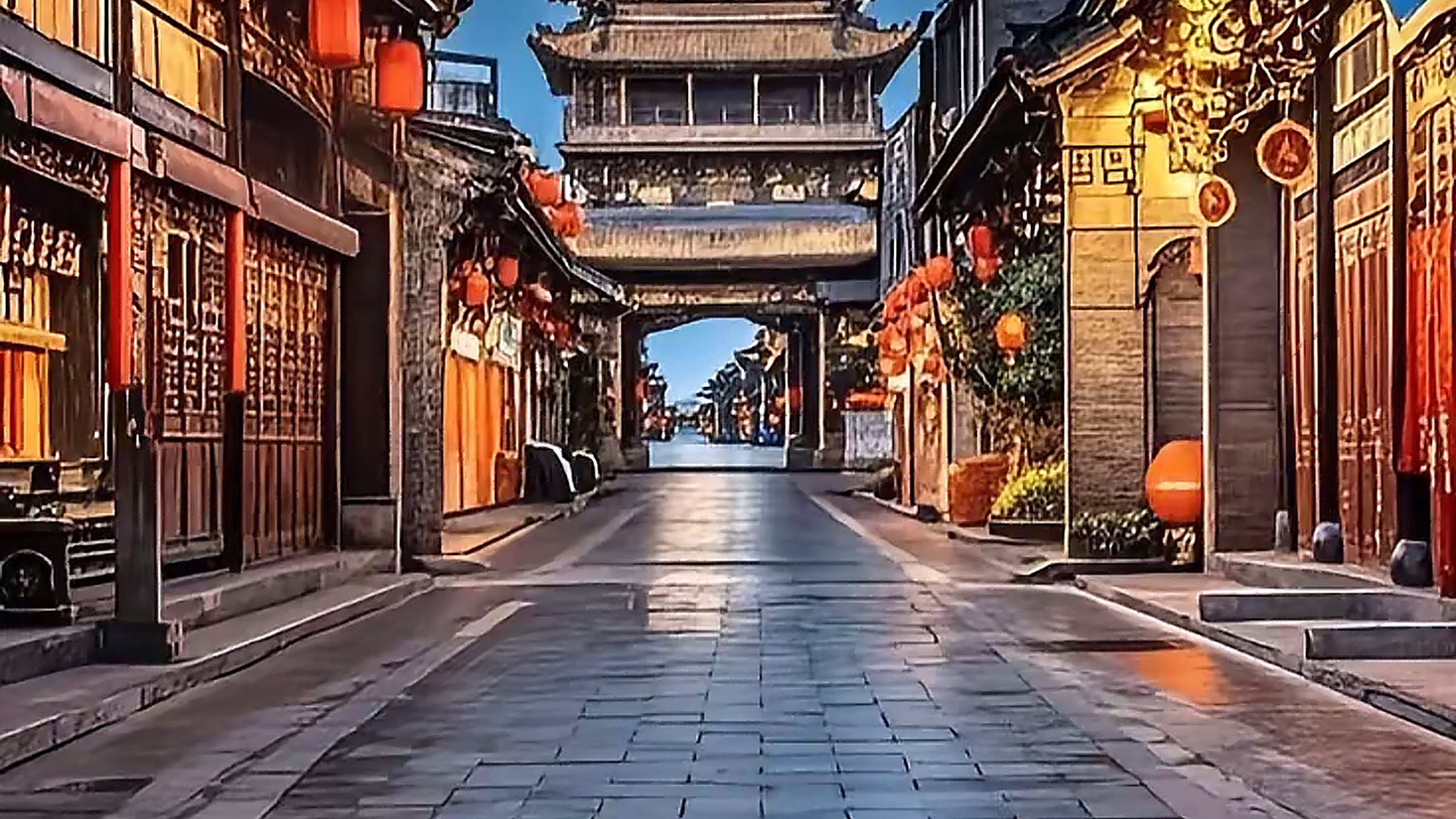 Ming-Qing Street (明清一条街) — the 400m main street of the old city, lined with 100+ Ming and Qing dynasty shops, inns, and banks, the commercial spine of Pingyao for 600 years.