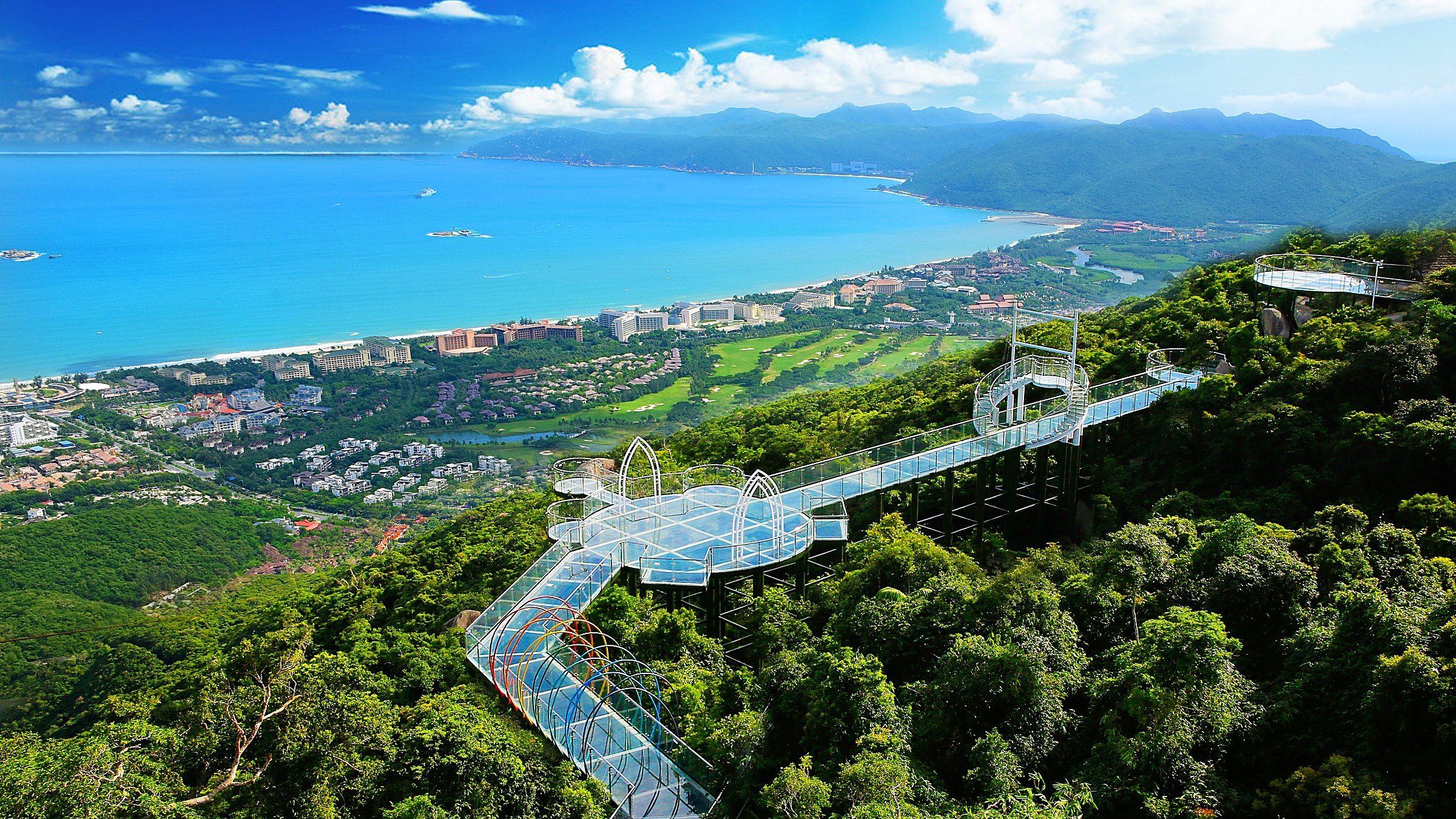 Yalong Bay — coastal forest walkway at the tropical resort area in Sanya