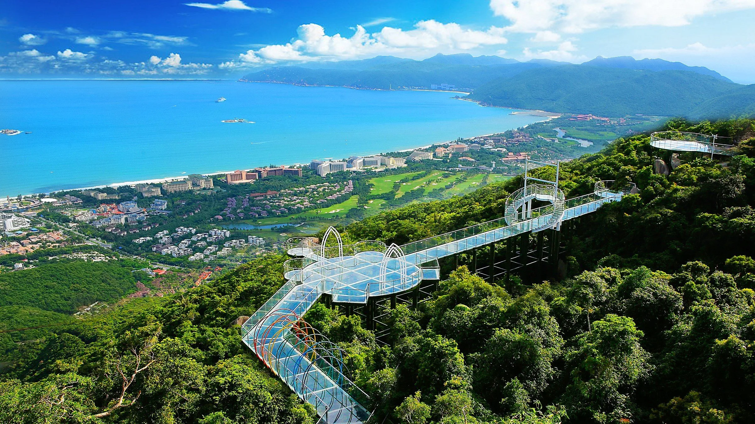 Yalong Bay — coastal forest walkway at the tropical resort area in Sanya
