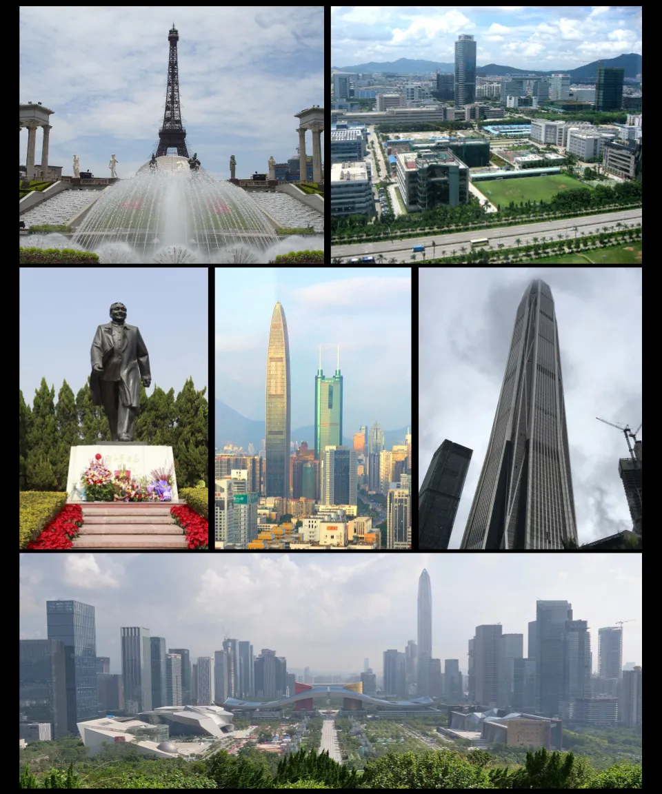 A photo montage of Shenzhen landmarks: the Eiffel Tower replica at Window of the World theme park, the Ping An Finance Centre skyscraper, the Civic Center with its wavy glass roof, and a Deng Xiaoping statue.