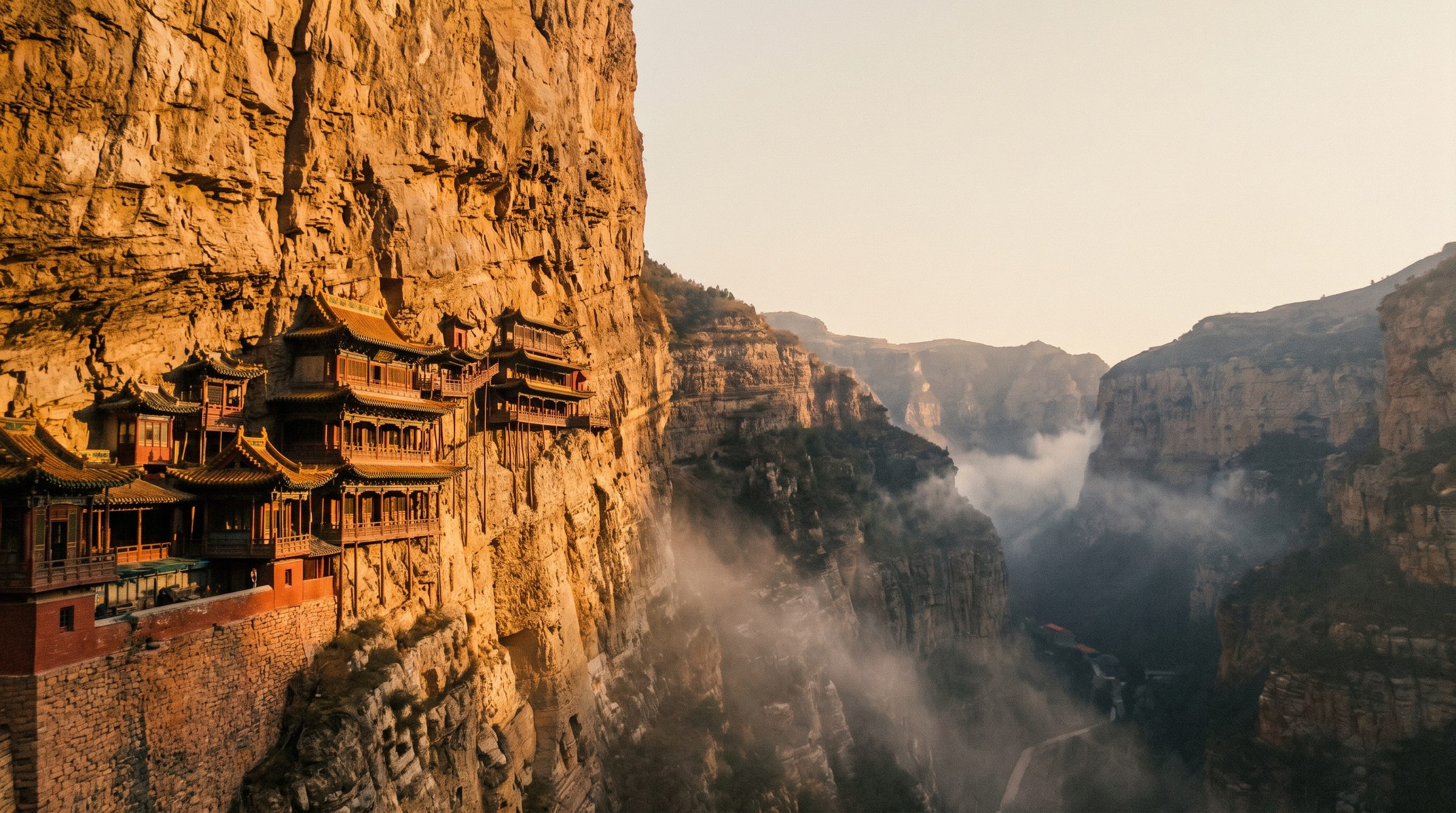Stone Buddha face carved into the cliff at Yungang Grottoes in golden late-afternoon light