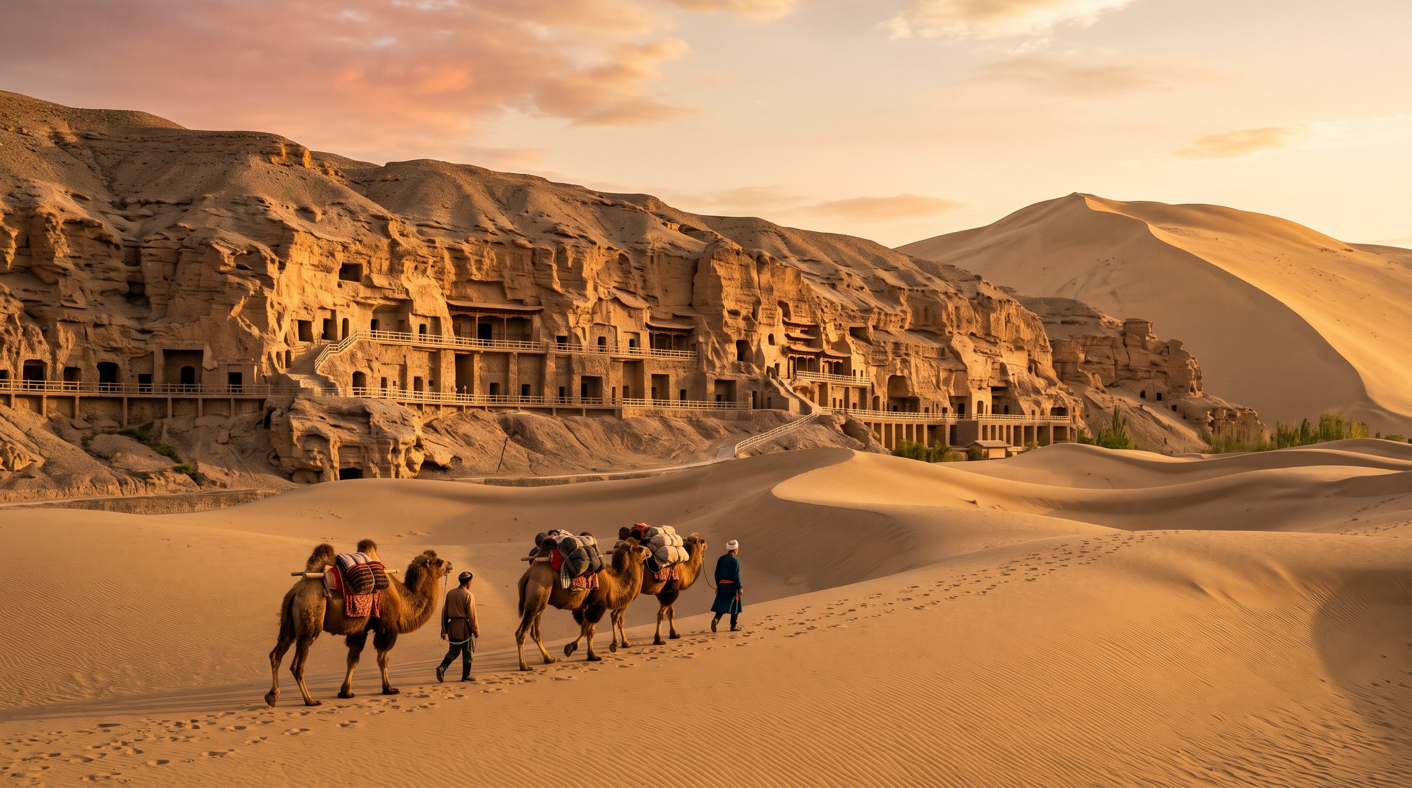 The exterior of the Mogao Caves complex at Dunhuang, showing the cliff face with rows of cave entrances built into a low sandstone ridge in the Gansu desert