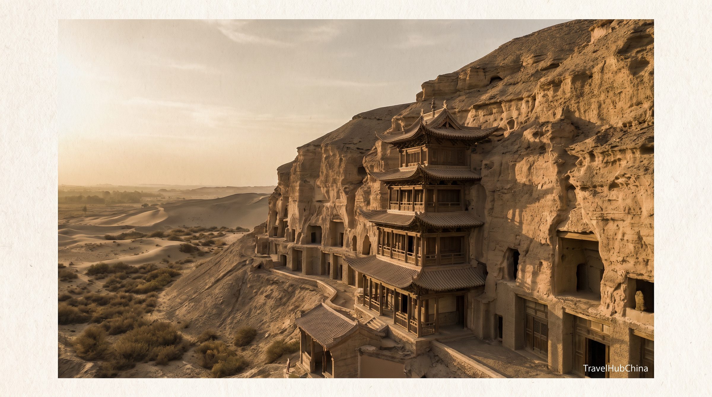 The Mogao Caves cliff at Dunhuang, showing rows of cave entrances built into the sandstone cliff face and the wooden walkways connecting the cave groups