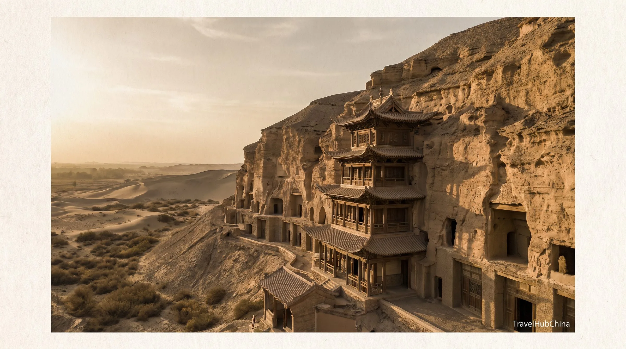 The Mogao Caves cliff at Dunhuang, showing rows of cave entrances built into the sandstone cliff face and the wooden walkways connecting the cave groups