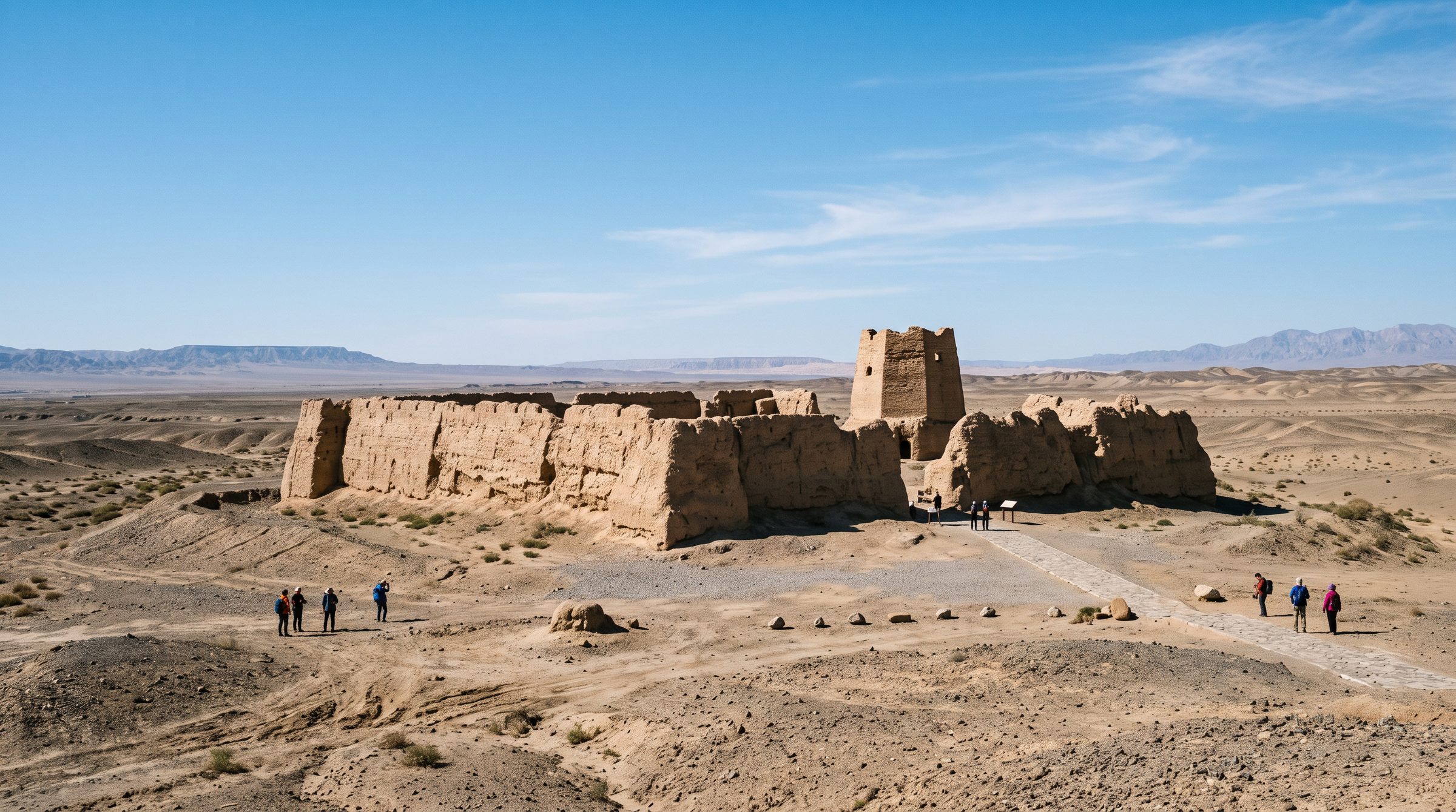 The Yumen Pass ruins in the Gobi Desert 80 km west of Dunhuang, showing the remaining Han-dynasty rammed-earth wall foundations in an arid plain