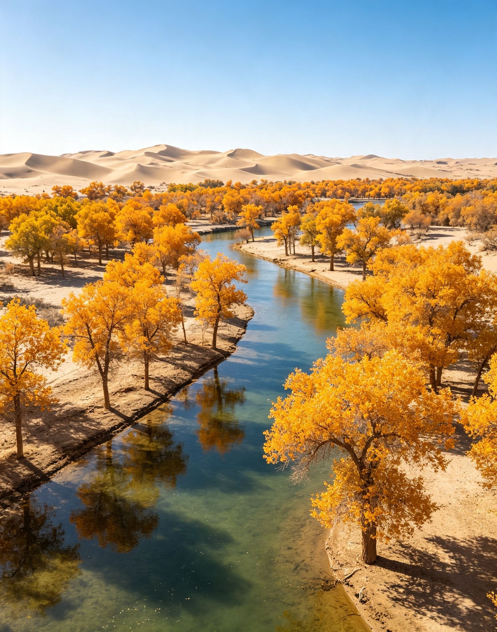 A dense forest of golden-yellow Populus euphratica trees glowing in the autumn sun, with bare desert sand visible between the trunks, Ejina Banner, Inner Mongolia