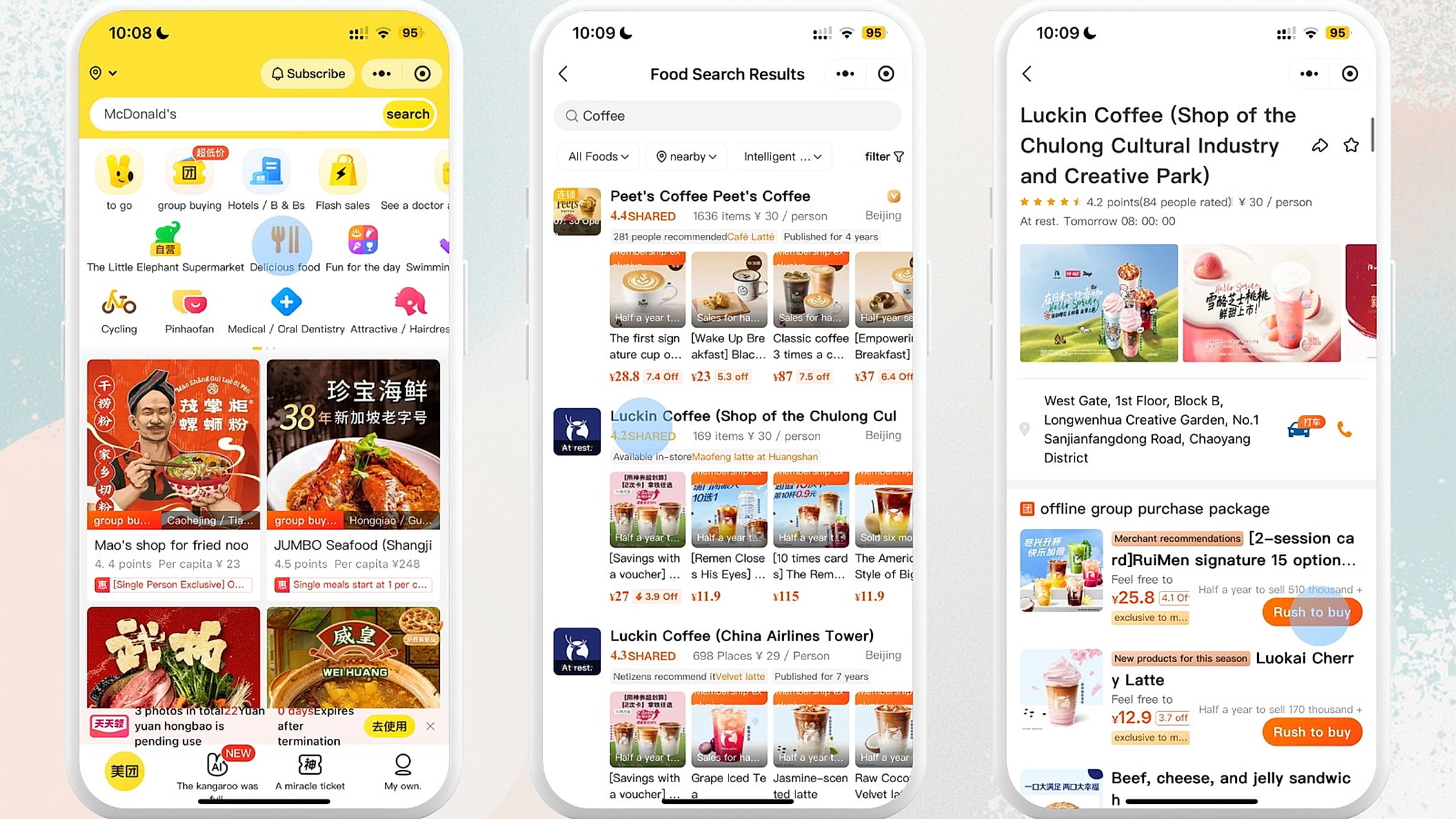 Aplicación Meituan en inglés: buscar en McDonald's, buscar opciones de café, ver una página de la tienda Luckin Coffee con interfaz de usuario completa en inglés y precios en ¥